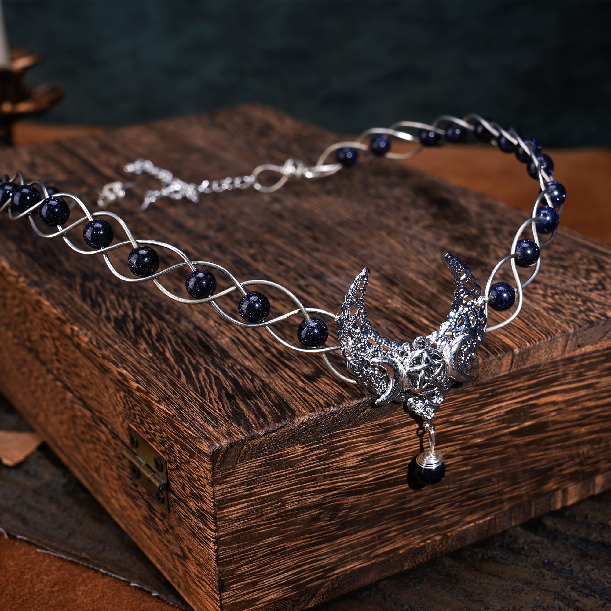 Silver Moon Viking Crown - Medieval Fairy Circlet Headpiece with Natural Crystals | Renaissance Festival, Celtic Wedding, Rave Party Costume Accessory | Perfect for Cosplay, LARP, and Fantasy Events