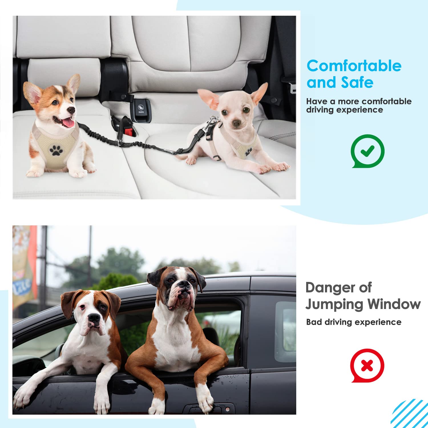SlowTon Adjustable Double Dog Seat Belt - Y-Shape No Tangle Pet Car Harness with Elastic Bungee & Reflective Safety Leash for Vehicle Travel (Black, Small) - Perfect for Road Trips with Two Dogs