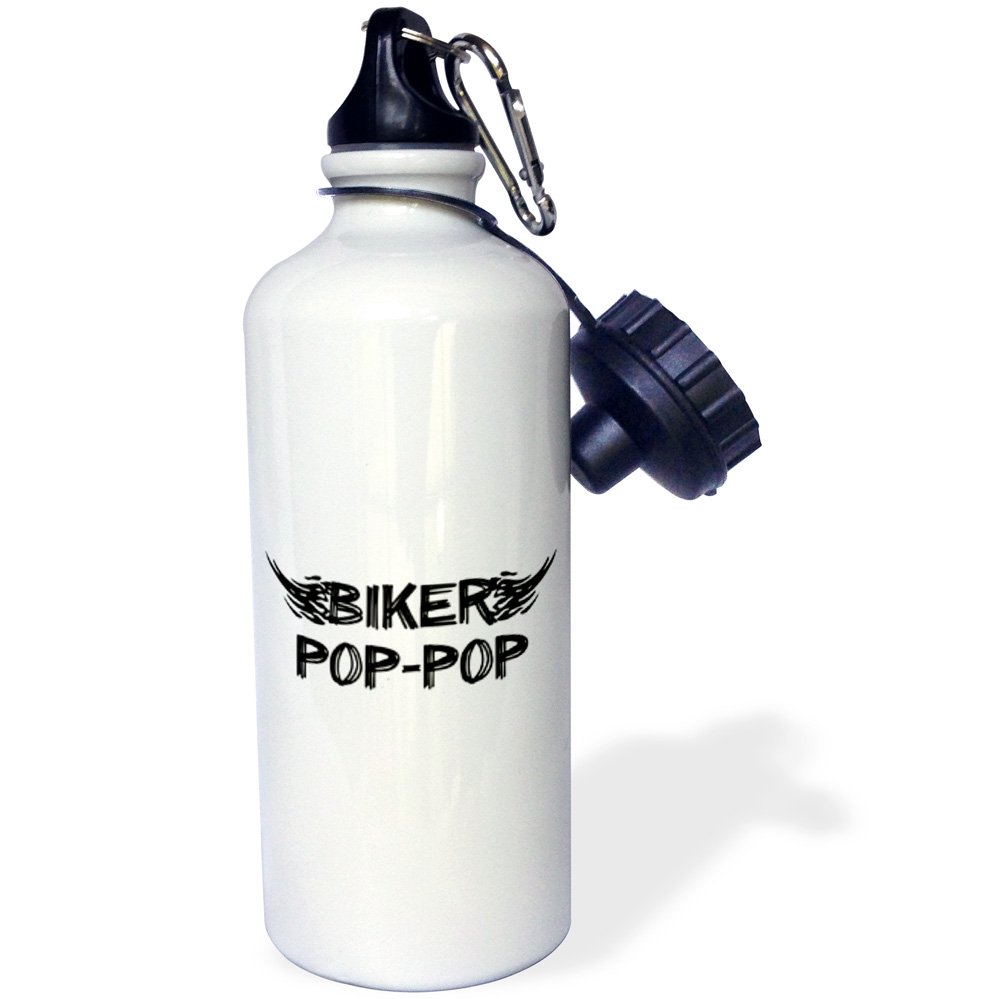 3D Rose Funny Biker Pop-Pop Grunge Word Art Sports Water Bottle - 21 oz, White - Perfect for Motorcycle Riders, Gym, Outdoor Activities & Gifts