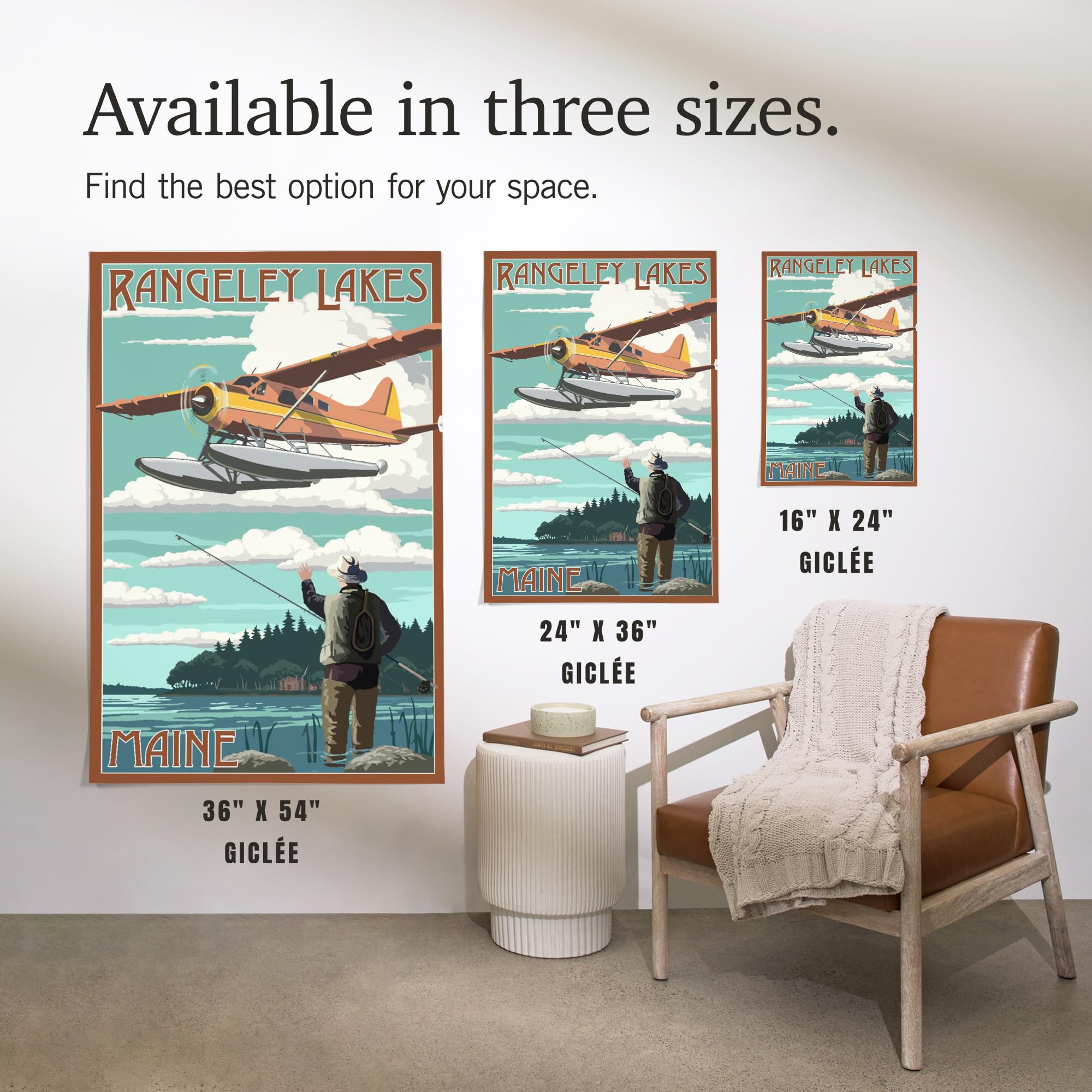 Lantern Press 16x24 Inch Giclee Art Print - Rangeley Lakes Maine Landscape with Float Plane & Fisherman - Wall Decor for Living Room, Office & Cabin