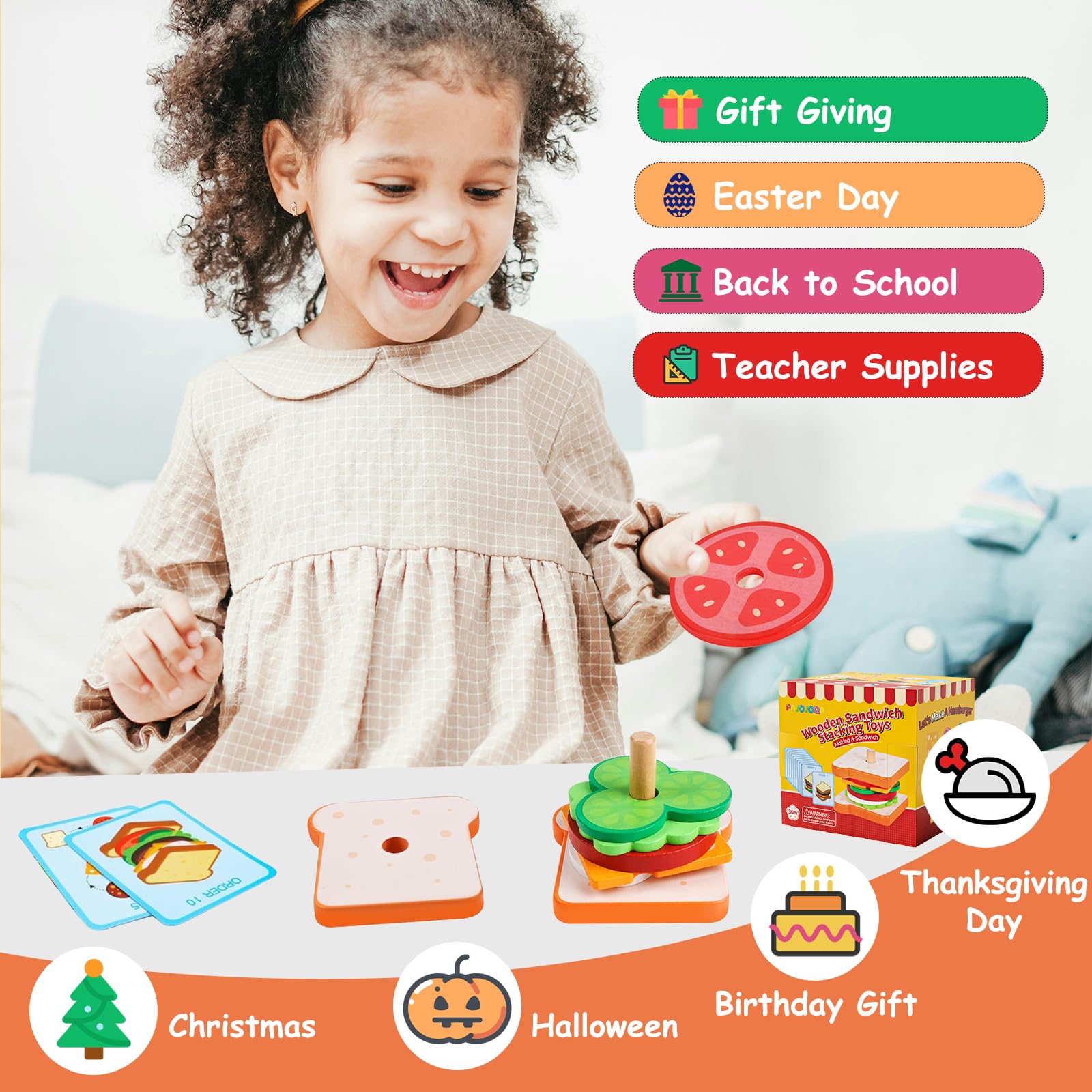Wooden Sandwich Stacking Toys for Kids - Montessori Educational Learning Toys for Toddlers Ages 3-5 | Pretend Play Kitchen Food Set | Perfect Christmas & Birthday Gift for Boys & Girls | Great for Preschool Learning & Imaginative Play
