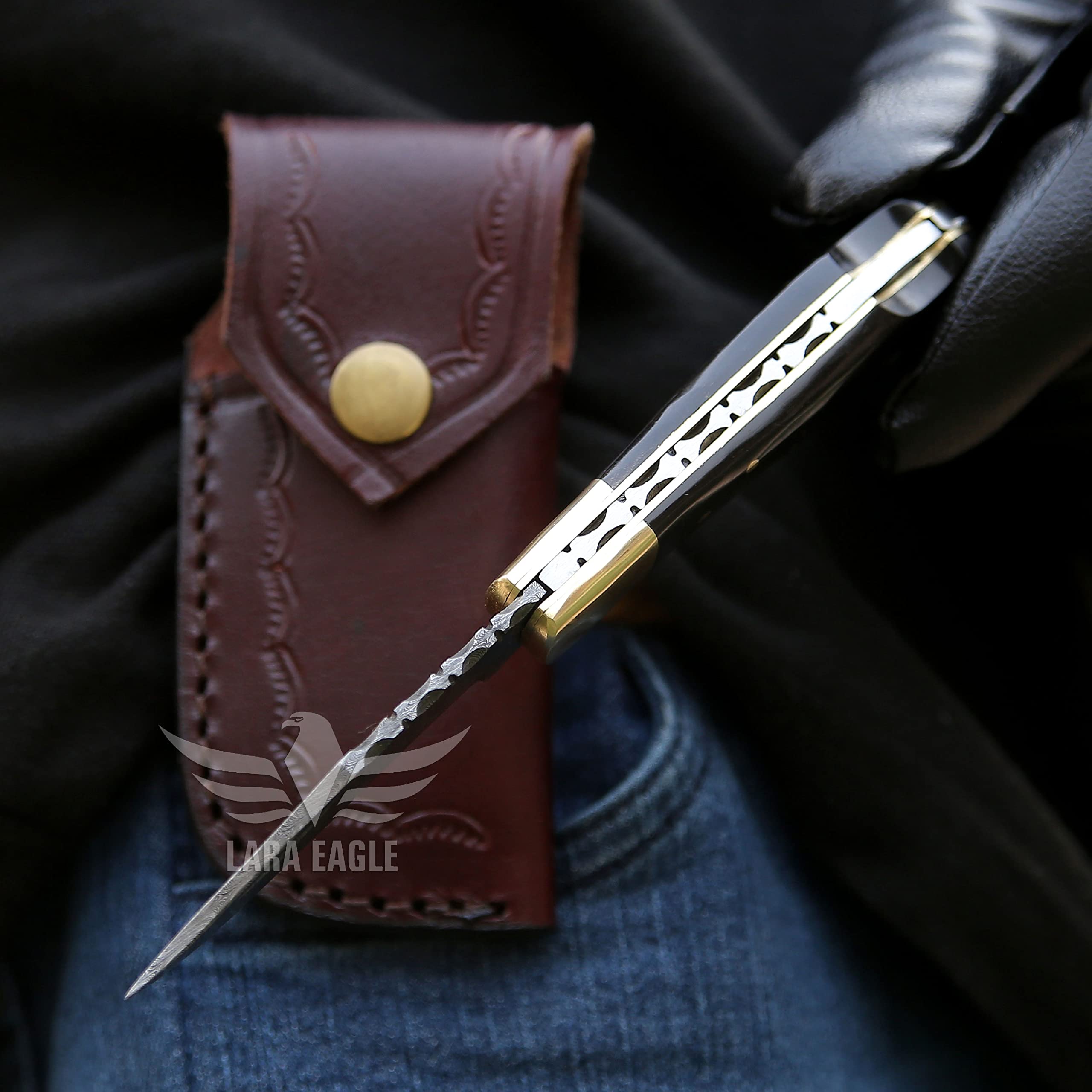 Premium Damascus Pocket Knife for Men - 133 Layer High Carbon Steel Handcrafted Folding Hunting Knife with Sharpener & Leather Sheath - Perfect Outdoor Survival Tool for Camping, Hunting, Hiking - Ideal Father's Day Gift for Husband, Dad (Buffalo Horn Handle) - Great for Bushcraft, Fishing, and Everyday Carry (EDC)