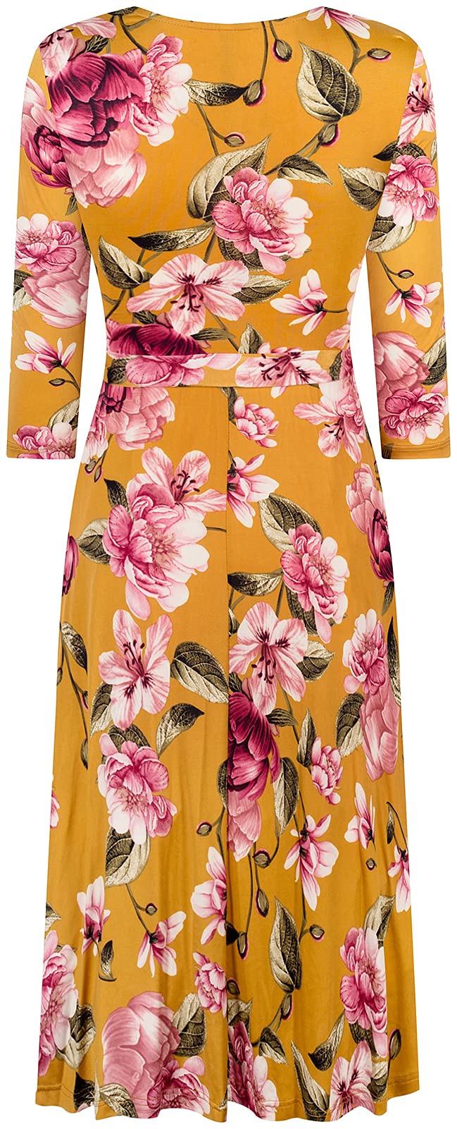 Women's 3/4 Sleeve Faux Wrap Midi Dress - Made in USA, Knee Length Summer Dress for Wedding Guest, Party, Bridal, Baby Shower & Maternity Nursing - Mustard Yellow | Perfect for Outdoor Events & Special Occasions