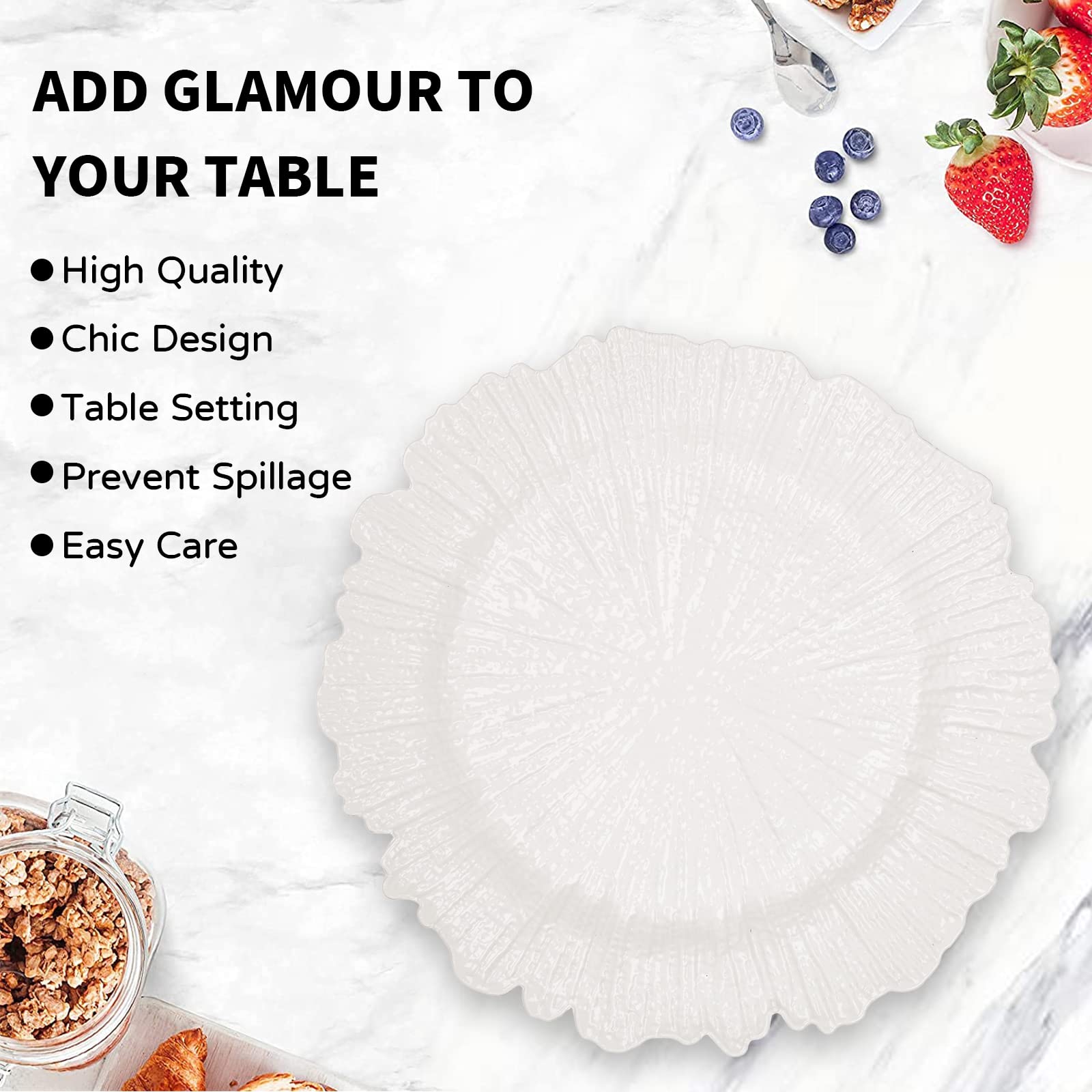 MAONAME 12-Pack White Plastic Charger Plates - Elegant Reef Design Decorative Dinner Plates for Formal Table Settings, Thanksgiving, Christmas, Weddings & Special Events