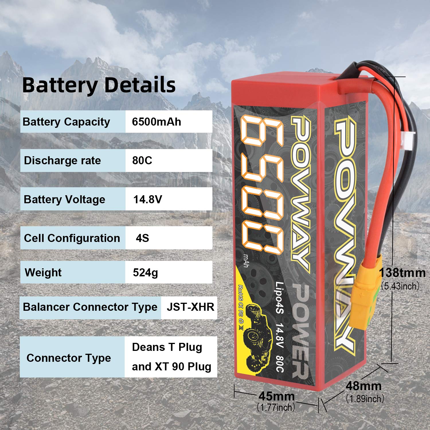 4S 6500mAh 14.8V 80C Lipo Battery with XT90 Connector - High Performance RC Battery for 1/8 & 1/10 Scale Vehicles, RC Cars, Trucks, Truggies - Perfect for Off-Road Racing, Bashing and Long Run Time