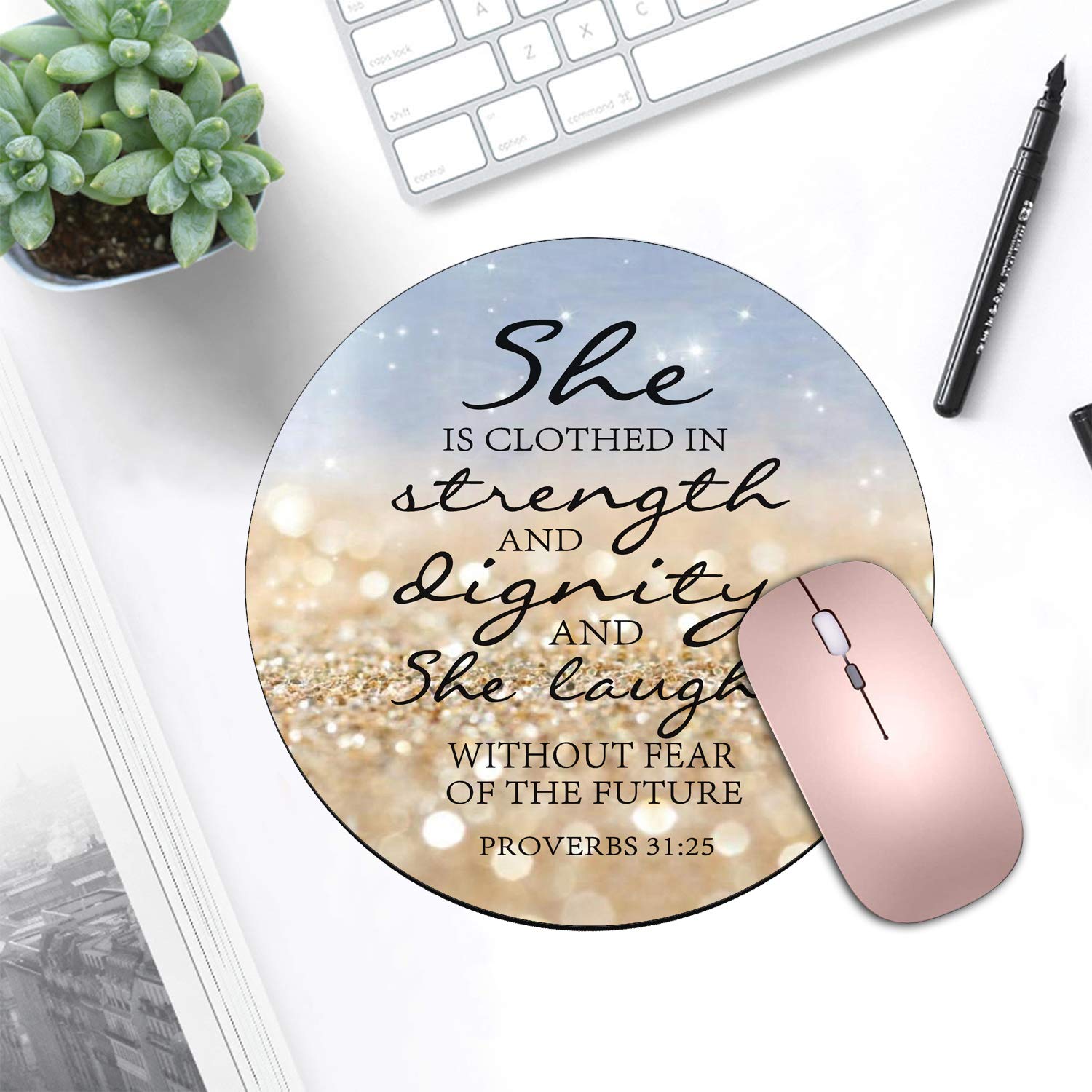 Rainbow Glitter Christian Quote Bible Verse Proverbs 31:25 Mouse Pad with Non-Slip Rubber Base - Round Mouse Pad & Coasters Set for Laptop, Computer, Office & Home Decor