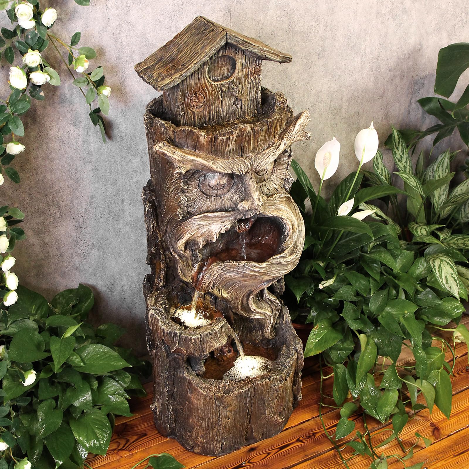 YZM 3-Tier Outdoor Waterfall Fountain with LED Lights - 33.46 Inch Tall Tree Trunk Design for Patio, Porch, Backyard & Garden Decor | Relaxing Water Feature with Pump for Zen Atmosphere, Meditation Spaces & Landscape Enhancement
