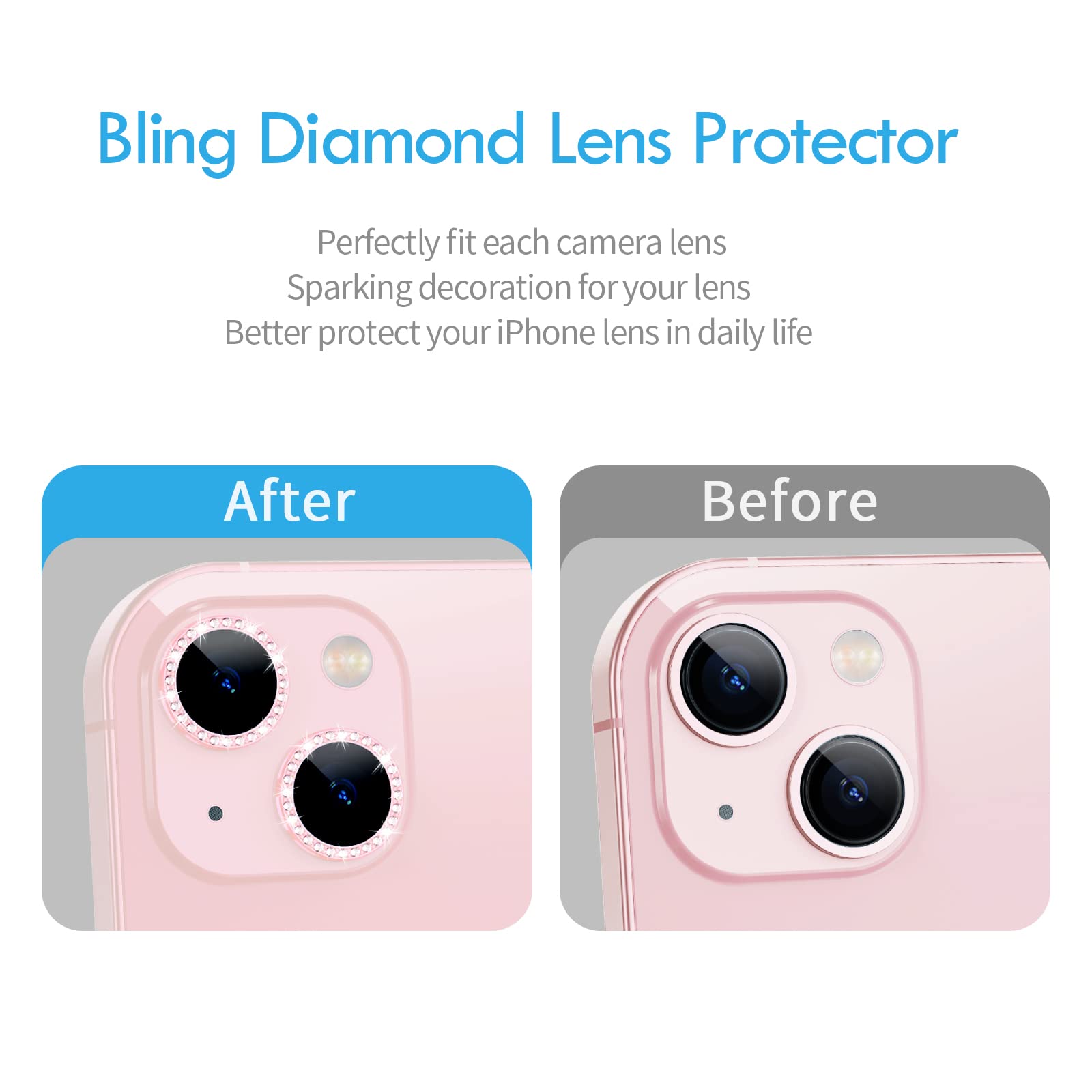 Xfilm Bling Diamond Camera Lens Protector for iPhone 13 & iPhone 13 Mini - HD Clear Tempered Glass Screen Protector, Scratch Resistant, Case Friendly - Diamond Pink (Perfect for Photography, Travel & Everyday Protection)