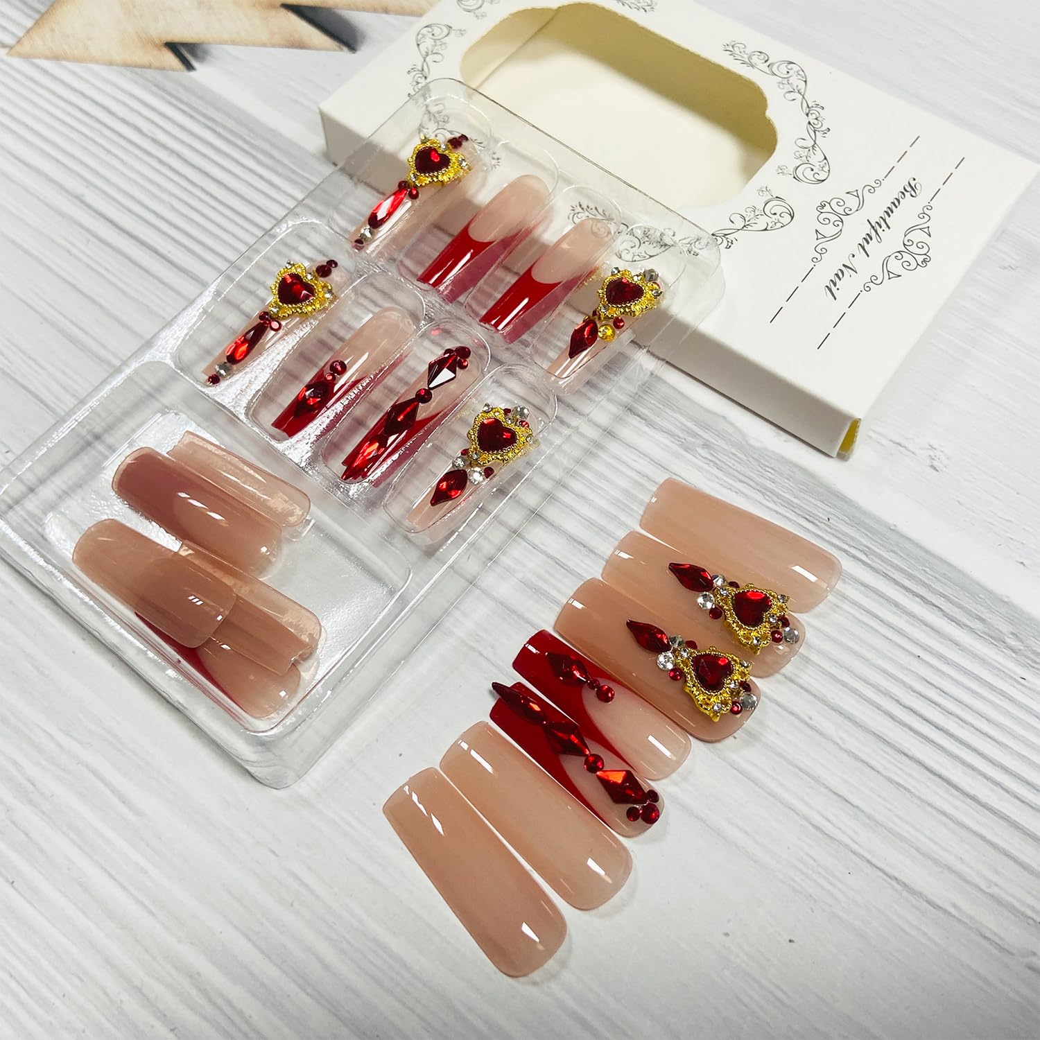 Red French Tip Press on Nails with Rhinestones - 24Pcs Square Long Fake Nails for Women | Reusable Acrylic Stick on Nails | Full Cover False Nails for Parties, Weddings & Special Occasions