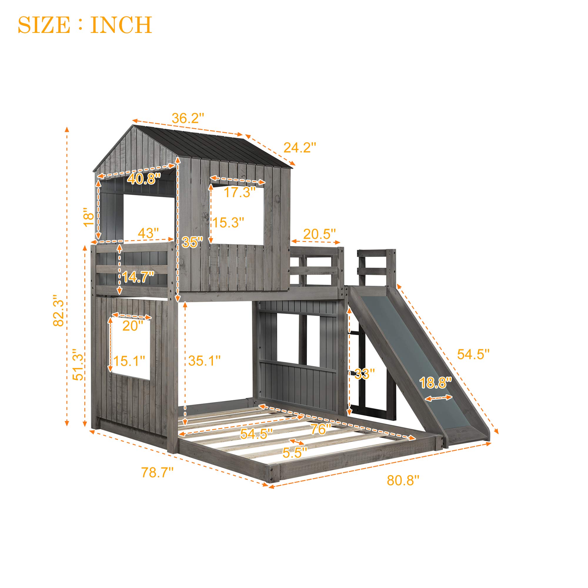SOFTSEA Wooden Loft Bunk Bed Twin Over Full with Playhouse, Ladder, Slide & Safety Rails - Farmhouse Style Kids Bedroom Furniture (Antique Gray) - Perfect for Siblings Sharing Rooms, Daycare Centers & Vacation Homes