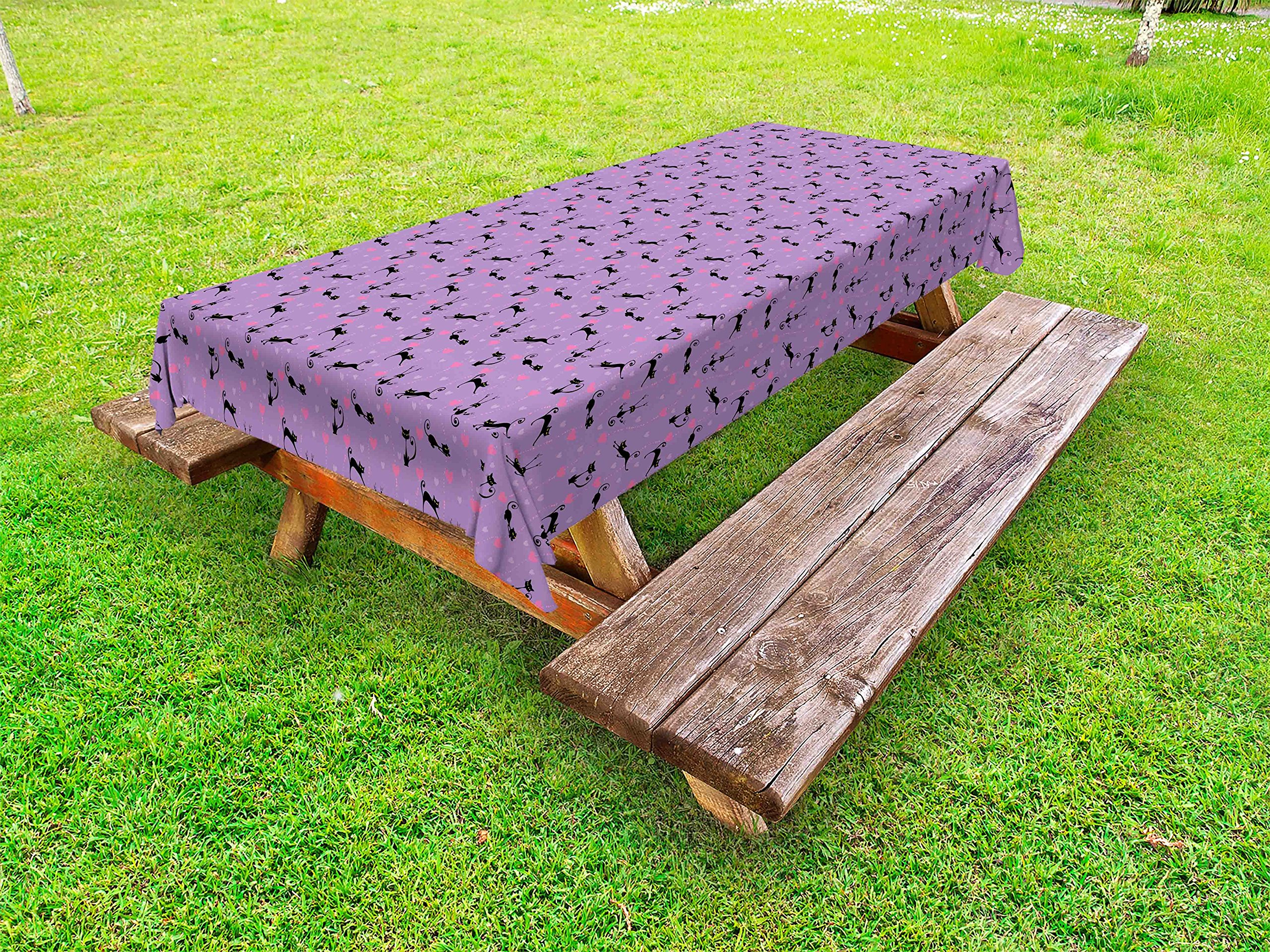 Ambesonne Cat Themed Outdoor Tablecloth - Funky Romantic Design with Hearts & Playful Black Cats - Washable Picnic Table Cover 58x120 Inches - Lavender Pink & Black - Perfect for Garden Parties, BBQs & Outdoor Dining