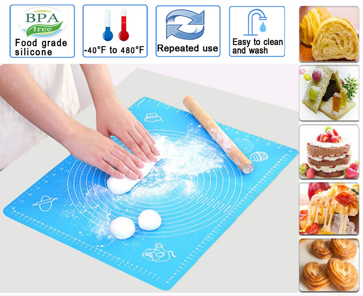 Non-Stick Silicone Baking Mat with Measurement Marks - Heat Resistant Up to 480°F, BPA Free, Reusable Pastry Dough Rolling Mat - Dishwasher Safe, Easy to Clean, Won't Discolor - Perfect for Cookies, Bread, Pizza & Pastry Making (Blue)