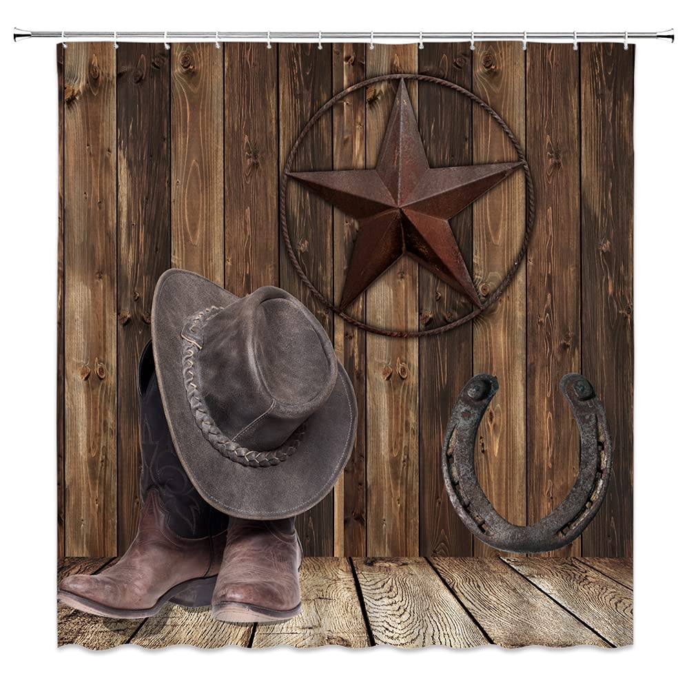 Vintage Rustic Wooden Barn Door Shower Curtain - Texas Star & Horseshoe Cowboy Hat Design, Farmhouse Brown Plank Western Retro Style Bathroom Decor with Hooks | Perfect for Countryside, Ranch or Western Themed Bathrooms
