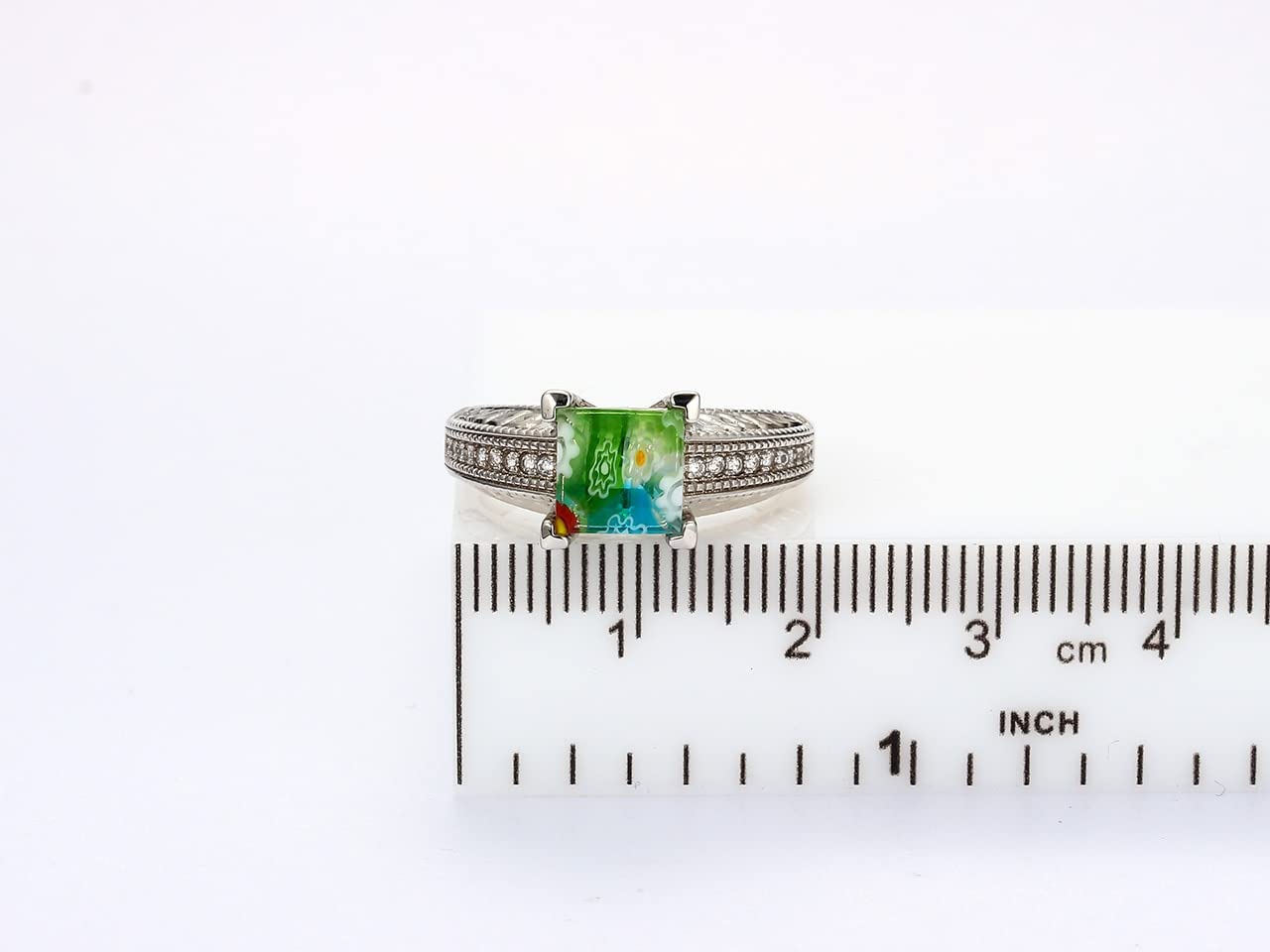 Murano Style Millefiori Glass Flower Square Floral Rhodium Plated Jewelry Set - Ring & Stud Earrings for Women | Unique Birthday Gifts, Anniversary Present, Mother's Day Gift Idea | Perfect for Weddings, Parties & Special Occasions