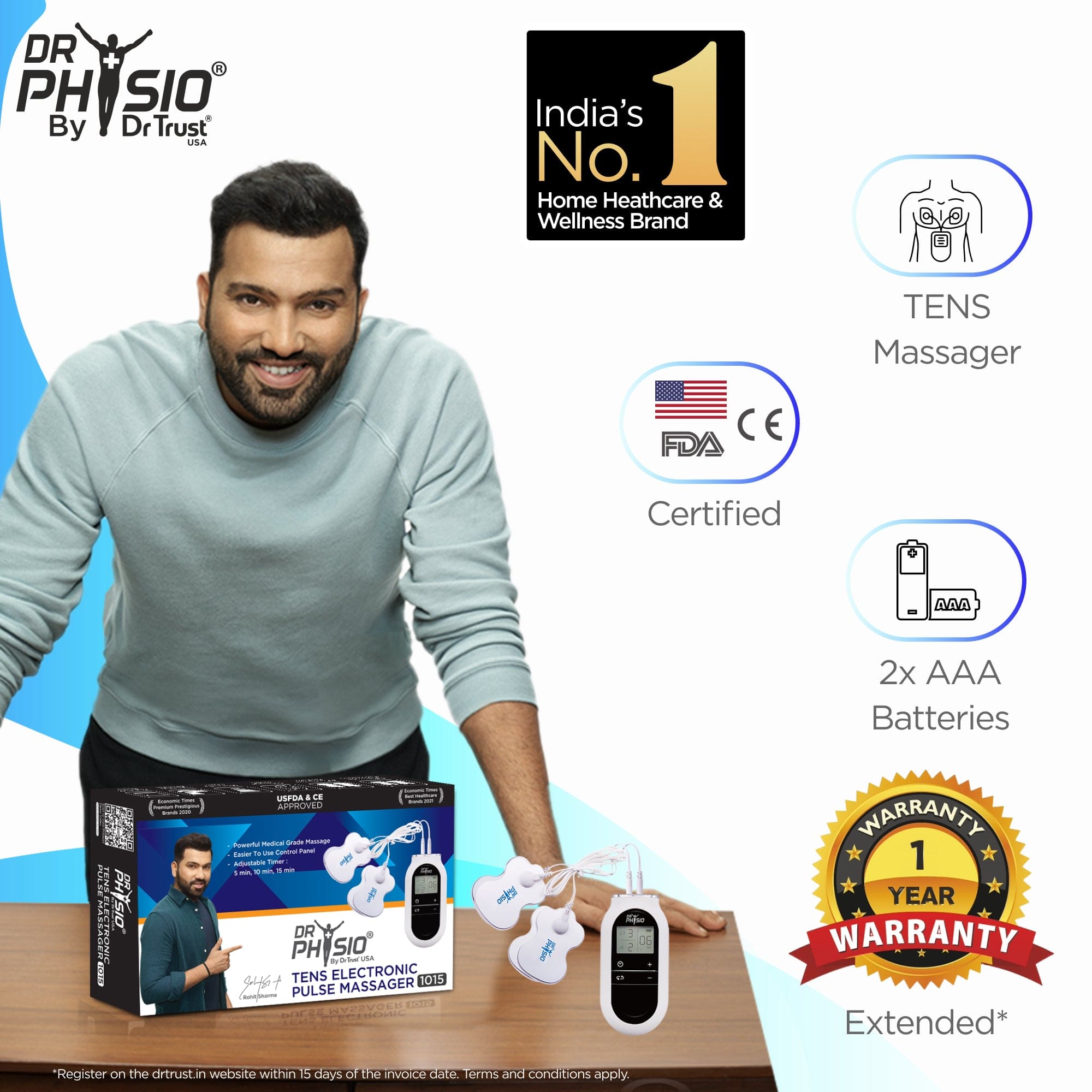 Dr Physio USA TENS Unit Muscle Stimulator - Electric Pulse Massager for Pain Relief & Physical Therapy - Perfect for Back Pain, Neck Pain & Muscle Recovery at Home or Gym