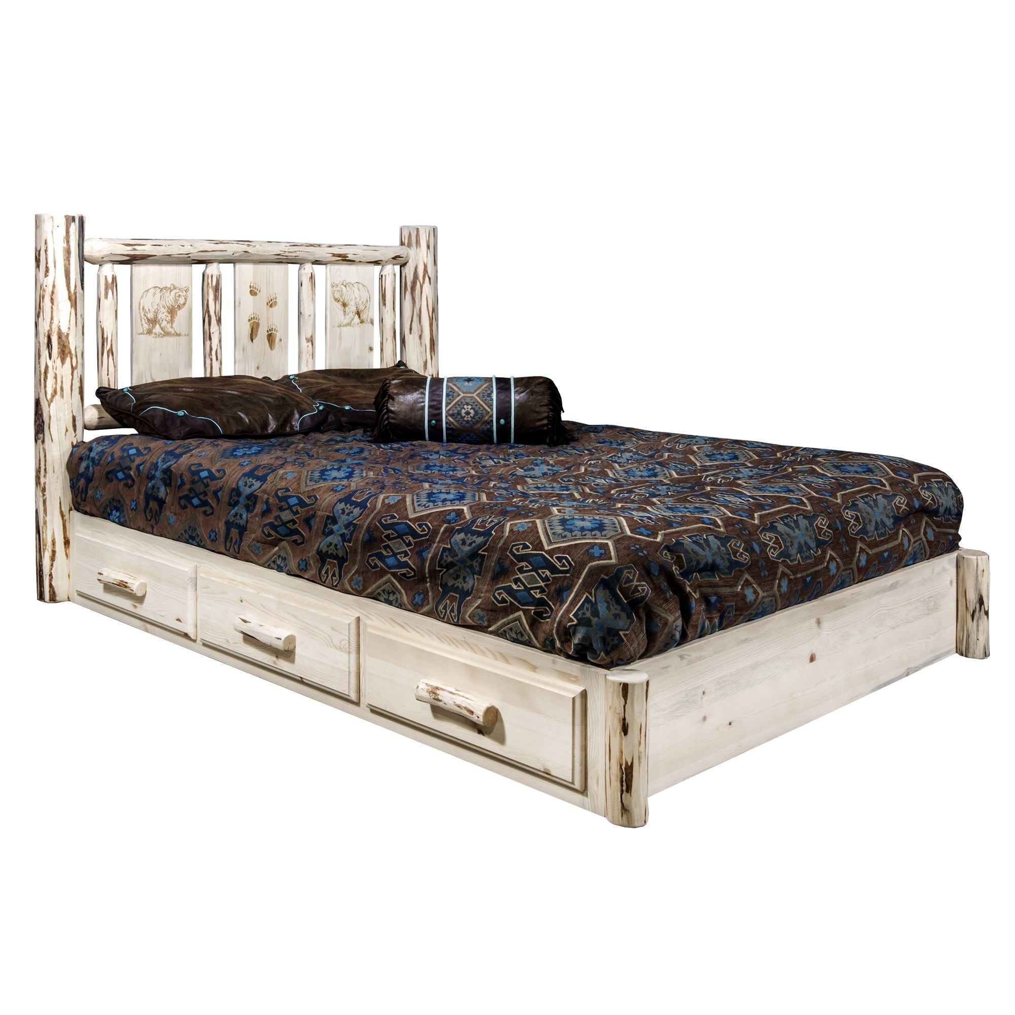 Montana Platform Bed with Storage - Laser Engraved Design & Clear Lacquer Finish | Modern Bedroom Furniture for Small Spaces & Apartment Living