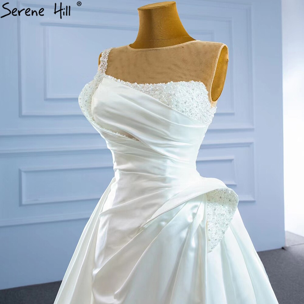 Serene Hill White Satin High Slit Wedding Dress 2025 - Beaded Pearl Embellished Sexy Train Bridal Gown HM67252 | Custom Made for Beach Weddings, Evening Receptions & Formal Ceremonies