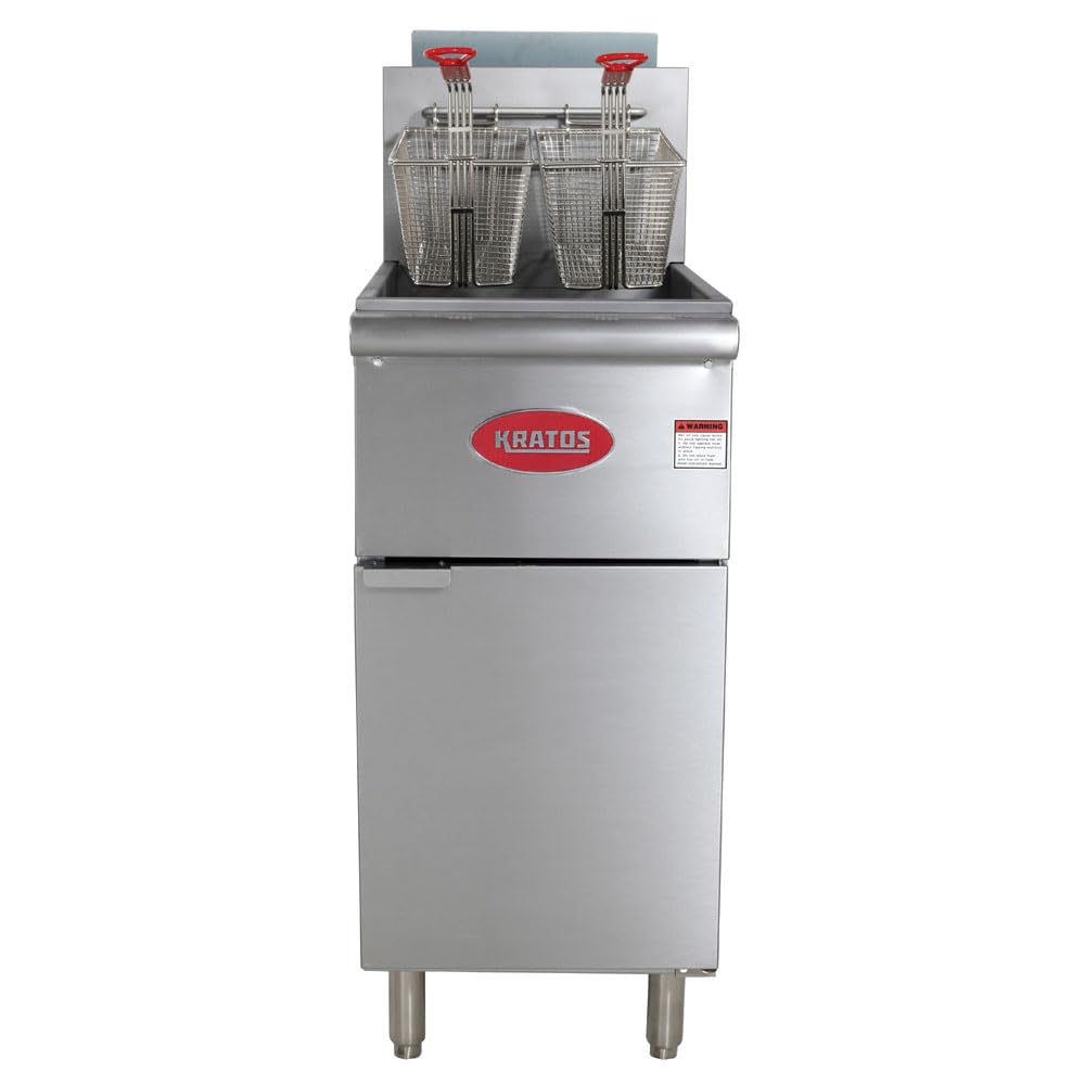 Kratos 50 lb. Commercial Gas Floor Fryer - Stainless Steel Deep Fryer for Restaurants with 4 Heating Tubes & 120,000 BTU - Liquid Propane (29Y-011-LP) - Perfect for Fast Food Chains, Diners & High-Volume Cooking
