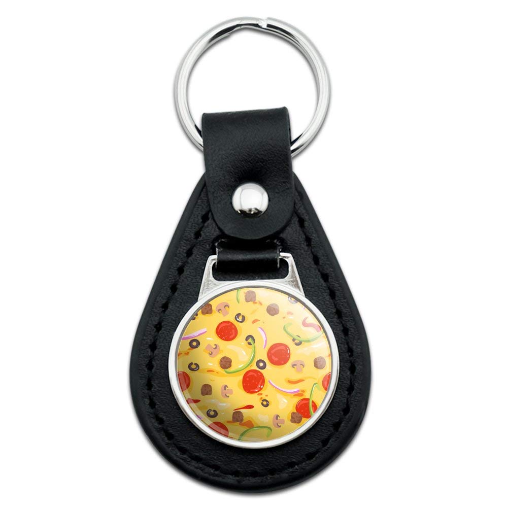 Black Leather Pizza Pattern Keychain with Pepperoni, Olives & Onions - Unique Graphic Design for Pizza Lovers & Food Enthusiasts - Perfect Gift for Pizza Parties, Kitchen Decor & Keychain Collectors