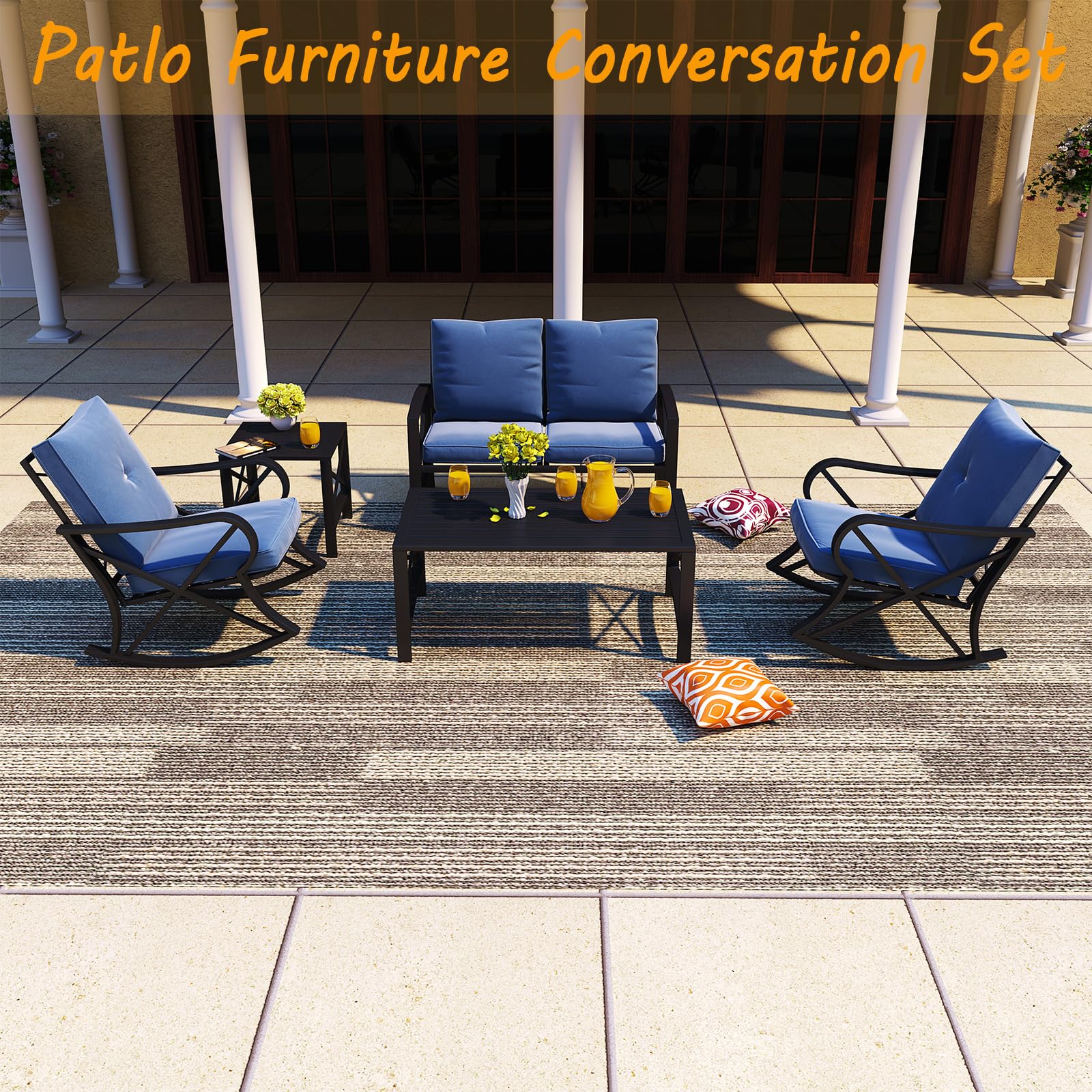 Modern Outdoor Patio Furniture Set - 5-Piece Metal Frame Sectional Sofa with Rocking Chair, Loveseat & Coffee Table - Blue Cushioned Conversation Set for Poolside, Lawn, Garden & Backyard Relaxation