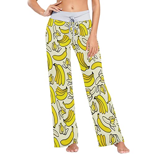 Krafig Women's Yellow Banana Print Pajama Pants - Soft Stretchy Wide Leg Lounge Pants for Sleep, Relaxing at Home & Comfortable Loungewear