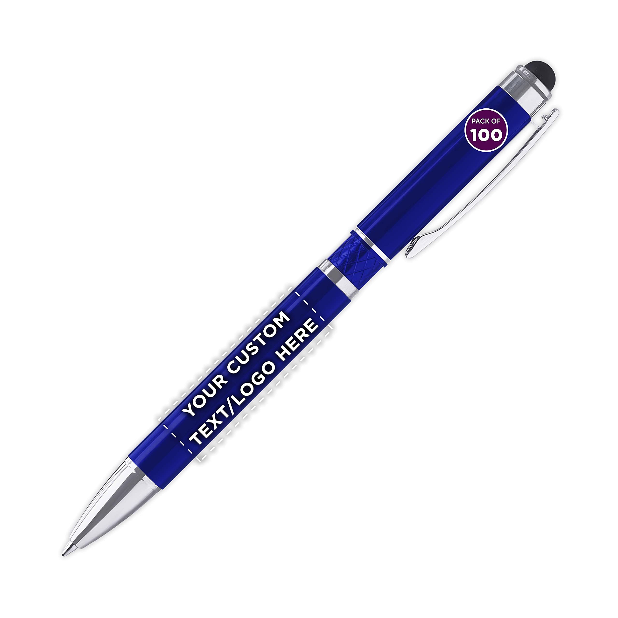 100-Pack Diamond Accent Metal Stylus Pens with Custom Text & Logo - Smooth Writing Black Ink Ballpoint Pens for iPad, Tablets & Signatures - Premium Office & Gift Supplies (Blue)