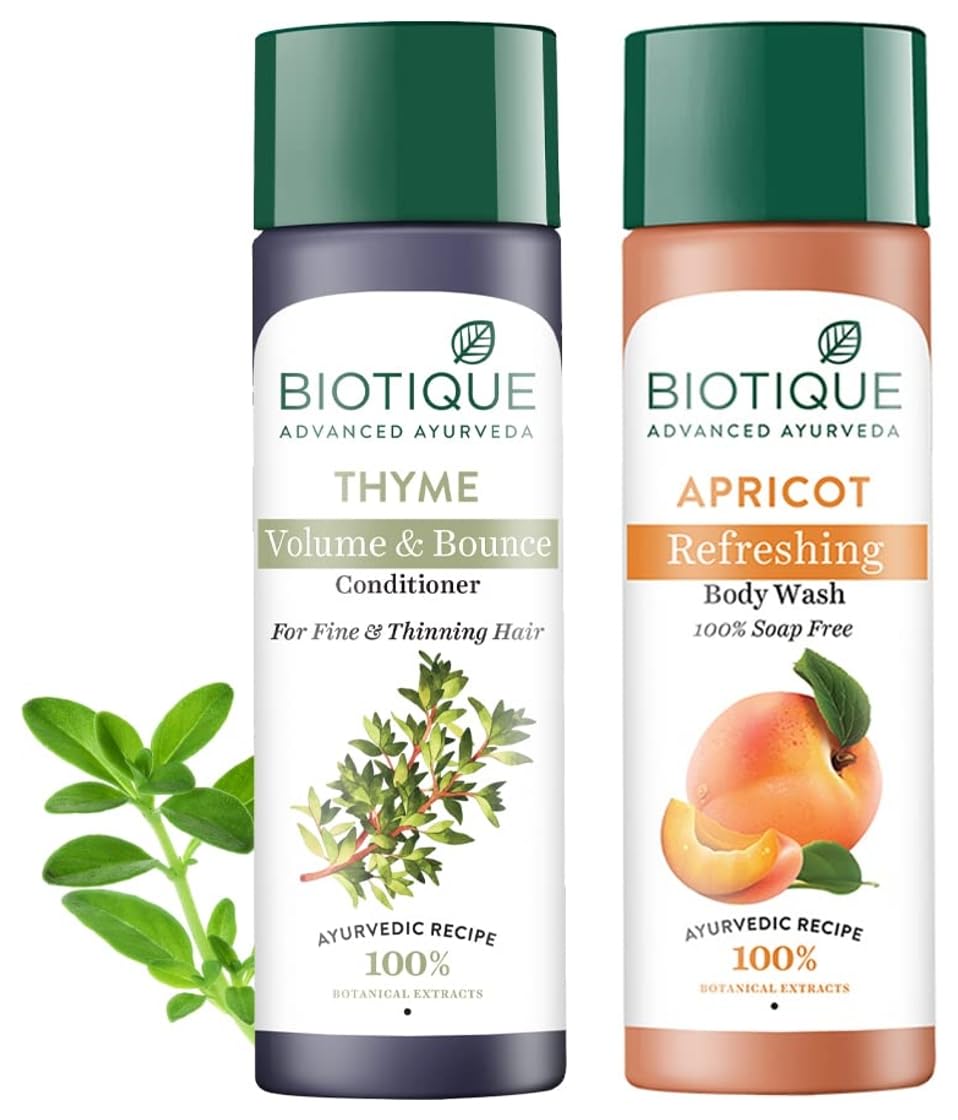Biotique Bio Apricot Refreshing Body Wash 190ml & Bio Thyme Volume Conditioner 200ml Combo Set - Natural Hair & Body Care for Dry Skin - Perfect for Daily Shower Routine and Spa Day at Home