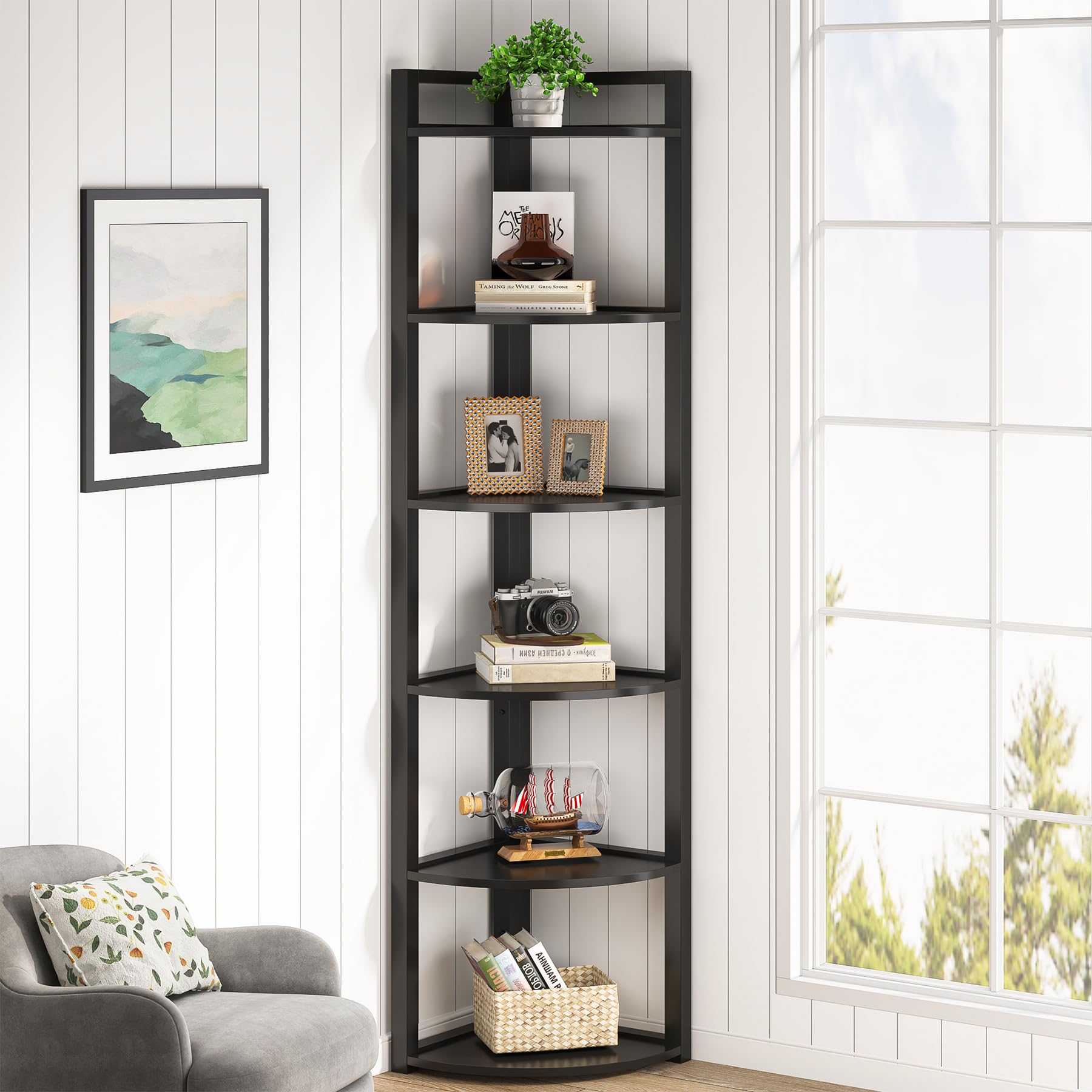 Tribesigns 6-Tier Tall Corner Bookshelf - 70.9 Inch Modern Bookcase & Storage Shelf Unit for Living Room, Home Office, Kitchen | Space-Saving Organizer for Books, Decor & Small Spaces (Black) - Perfect for Apartments, Dorms & Compact Homes