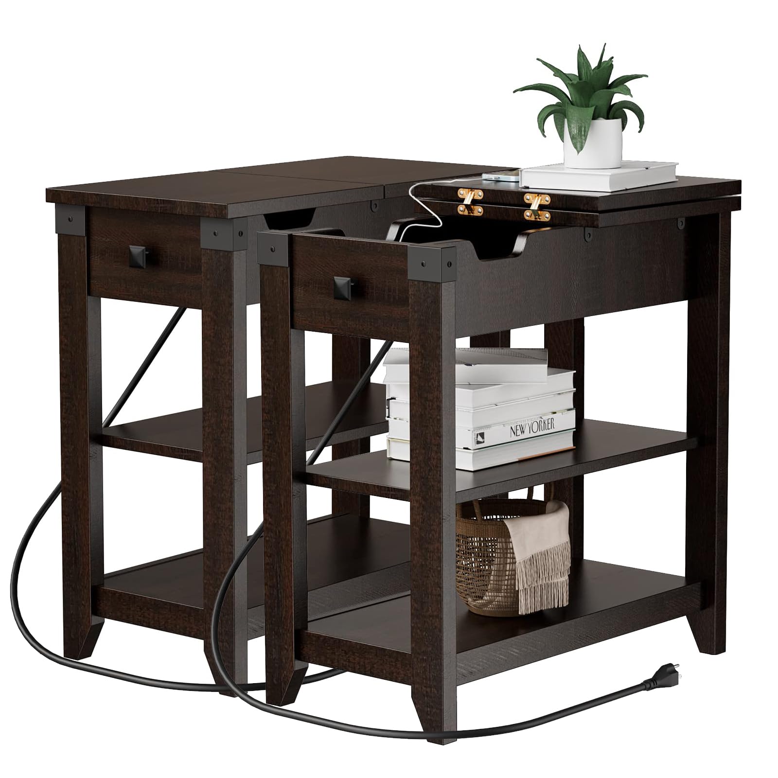Set of 2 Narrow Flip Top End Tables with USB Charging Station - Farmhouse Style Nightstands with Storage Shelf - Space Saving Sofa & Bedside Tables for Living Room & Bedroom in Espresso Finish - Perfect for Small Apartments, Dorms & Cozy Home Decor