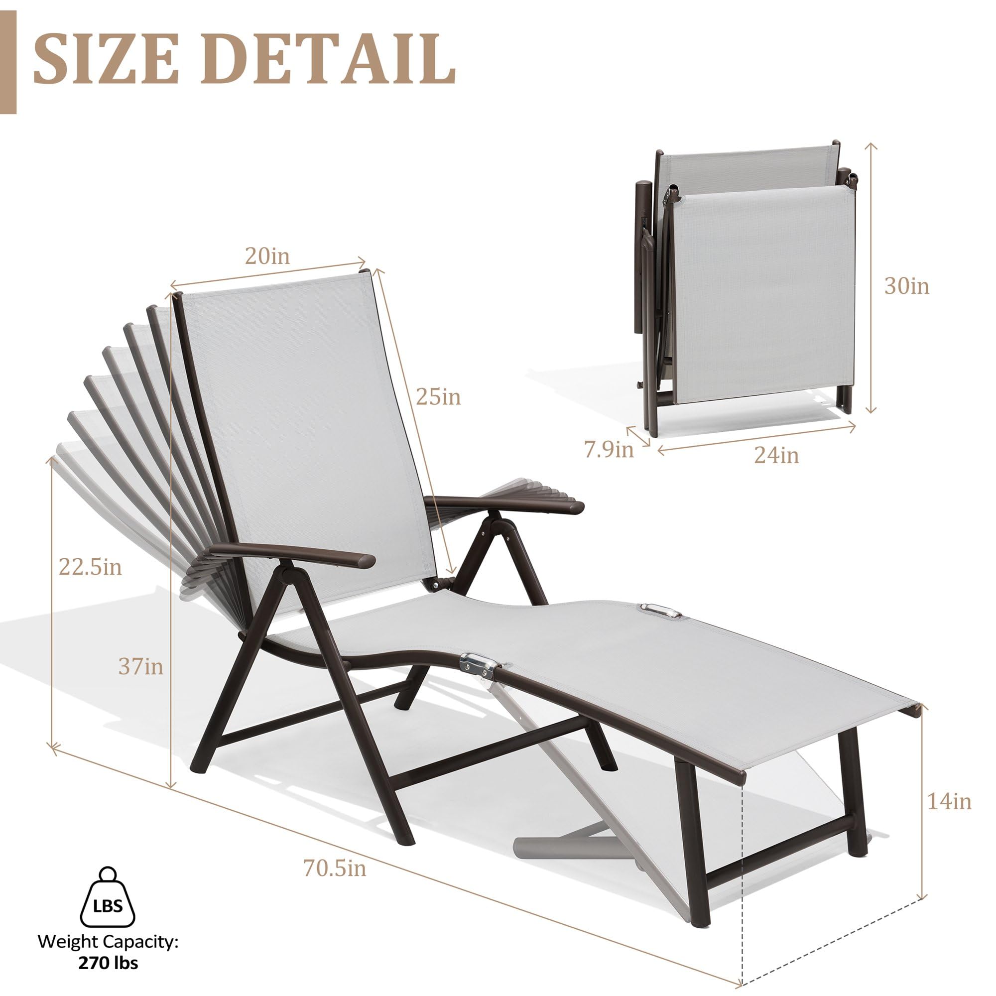 Adjustable Folding Patio Chaise Lounge Chair - 8-Position Recliner with Light Grey Textilene Fabric & Brown Aluminum Frame for Poolside, Beach, Backyard, and Outdoor Relaxation