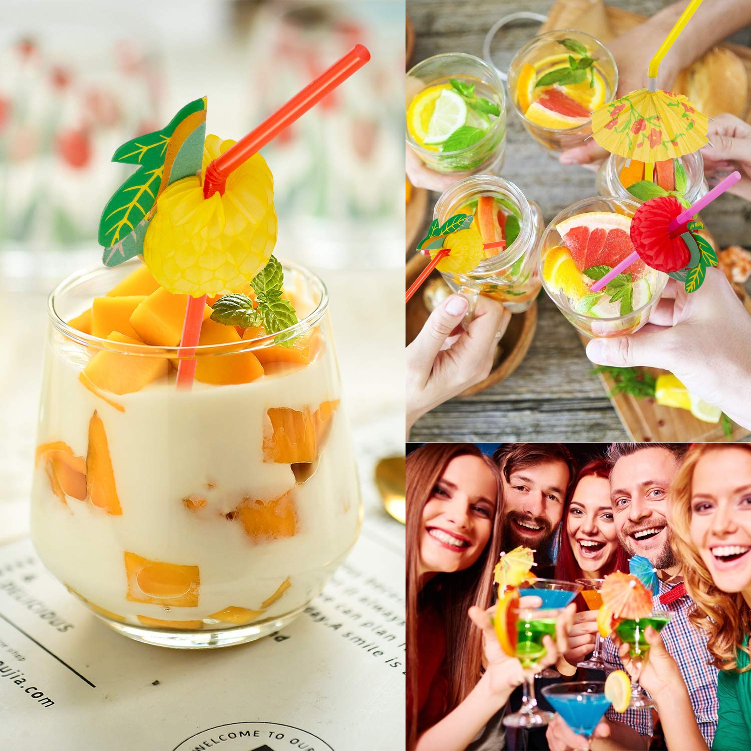 100-Pack Disposable Straws - Flamingo & Pineapple Design Fruit & Umbrella Straws for Cocktails, Soft Drinks - Tropical Party Decor for Hawaiian Luau, Poolside Drinks & Summer Celebrations (50 Flamingo + 50 Pineapple Straws)