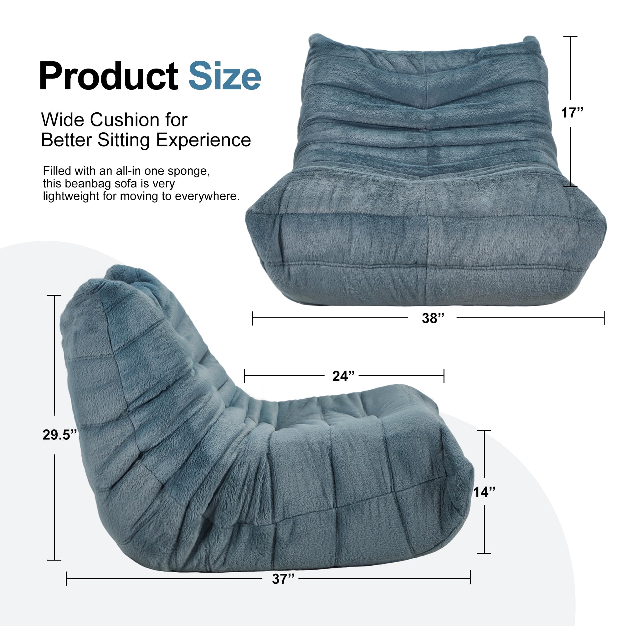 Hobestluk Giant Memory Foam Bean Bag Chair for Adults - Ultra Soft Faux Fur Lazy Sofa in Blue Grey Plush, Perfect for Living Room, Bedroom, Dorm & Office Relaxation