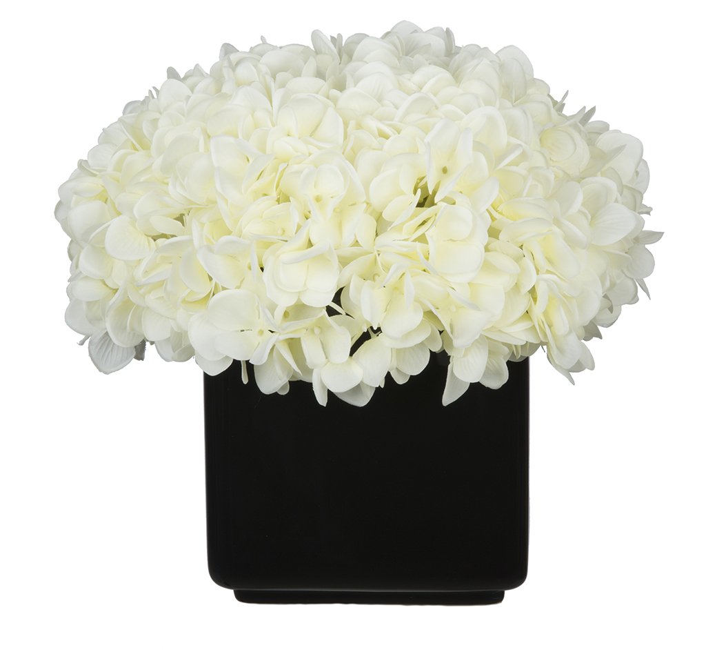 Premium Artificial Hydrangea Silk Flowers in White - Large Black Cube Ceramic Vase - Elegant Home Decor for Living Room, Wedding Centerpieces & Office Decoration