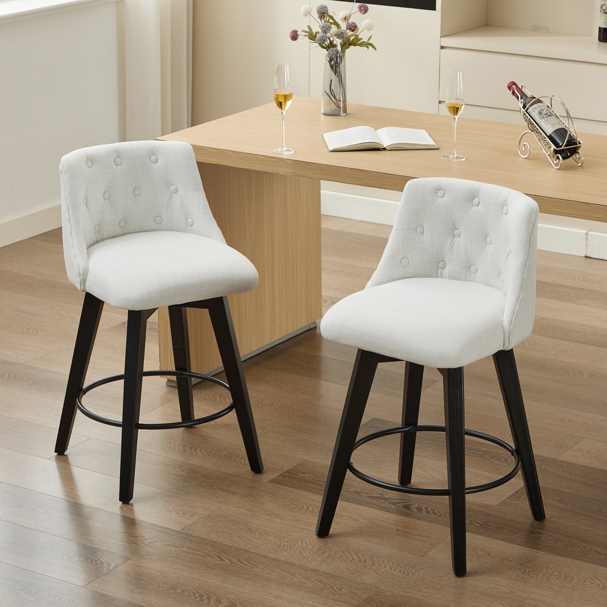 Modern 25' Swivel Bar Stools Set of 2 - Counter Height Stools with Linen Upholstery & Button Tufted Back, Solid Wood Frame for Kitchen Island, Home Bar or Breakfast Nook - Perfect for Entertaining Guests or Casual Dining