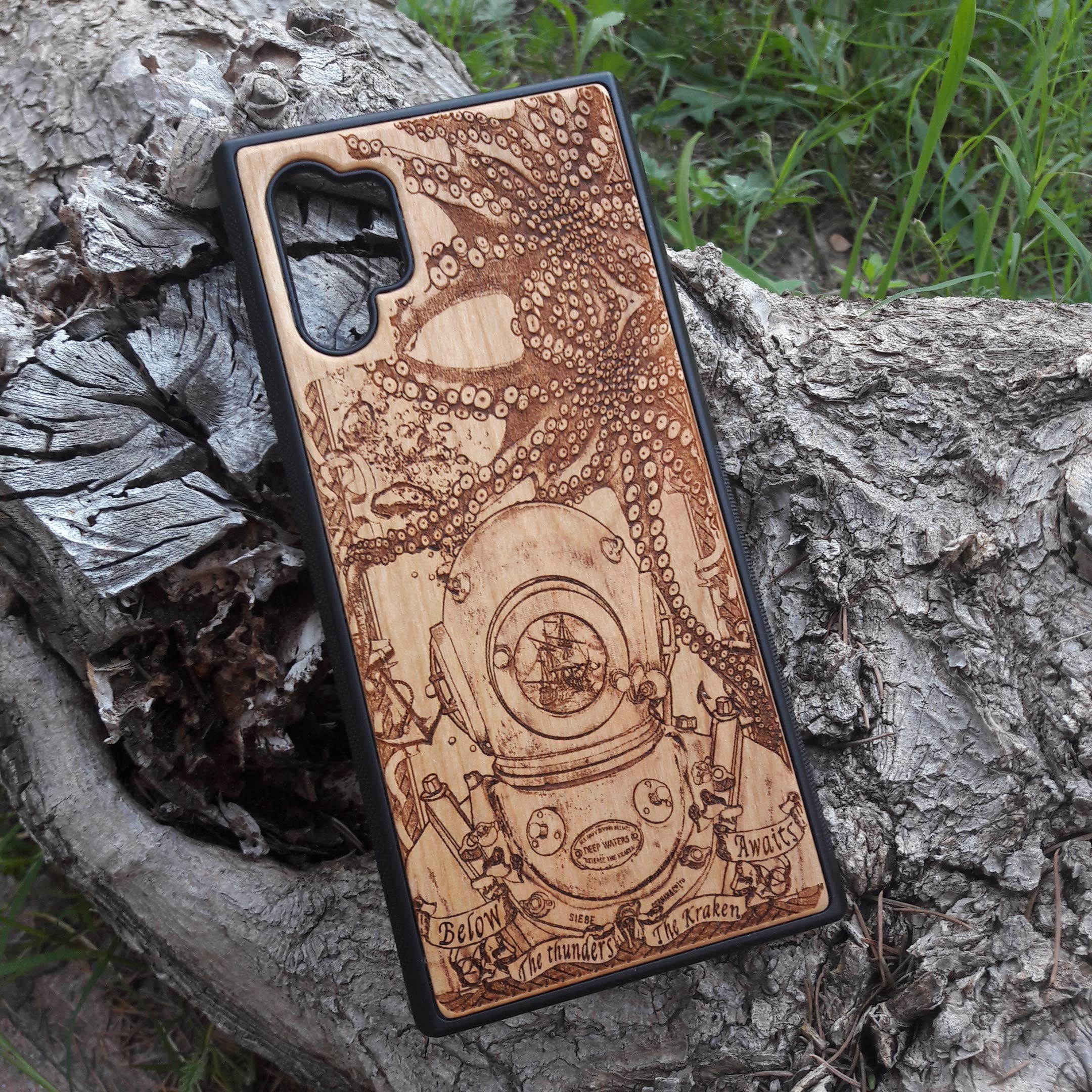 Premium Wooden Phone Case for iPhone 16/15/14/13/12/11 Pro Max/Mini & Galaxy S25/S24/S23/S22/S21/S20 Ultra Plus - Laser Engraved Deep Diver Design, Eco-Friendly Slim Protective Cover - Perfect for Outdoor Adventures & Daily Use