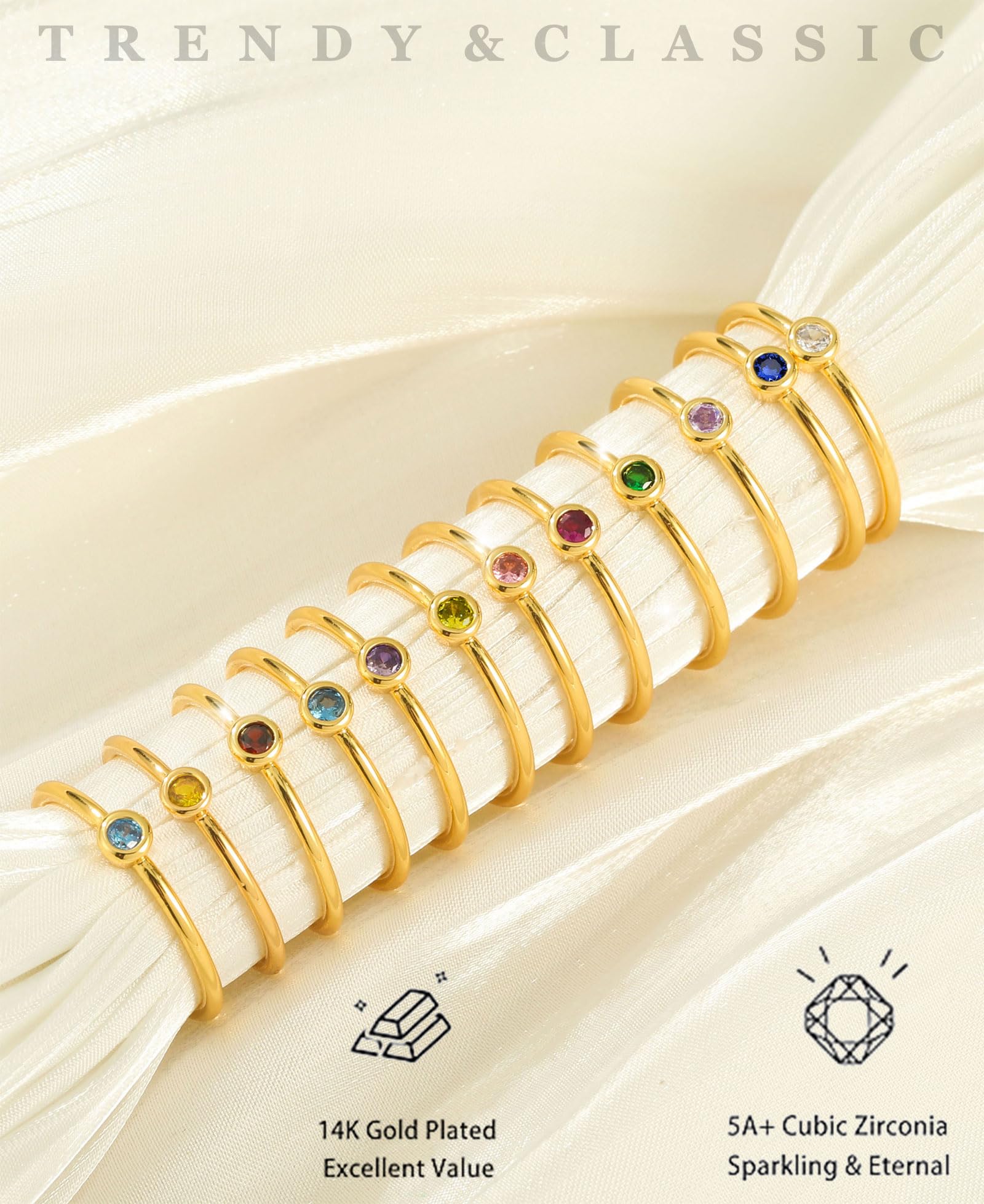 14K Gold Plated Sterling Silver Birthstone Rings for Women - Non Tarnish Stackable Dainty Emerald Green & Blue CZ Gemstone Jewelry | Perfect Birthday Gift for Mom, Daughter & Bridesmaids | Elegant for Weddings, Anniversaries & Everyday Wear