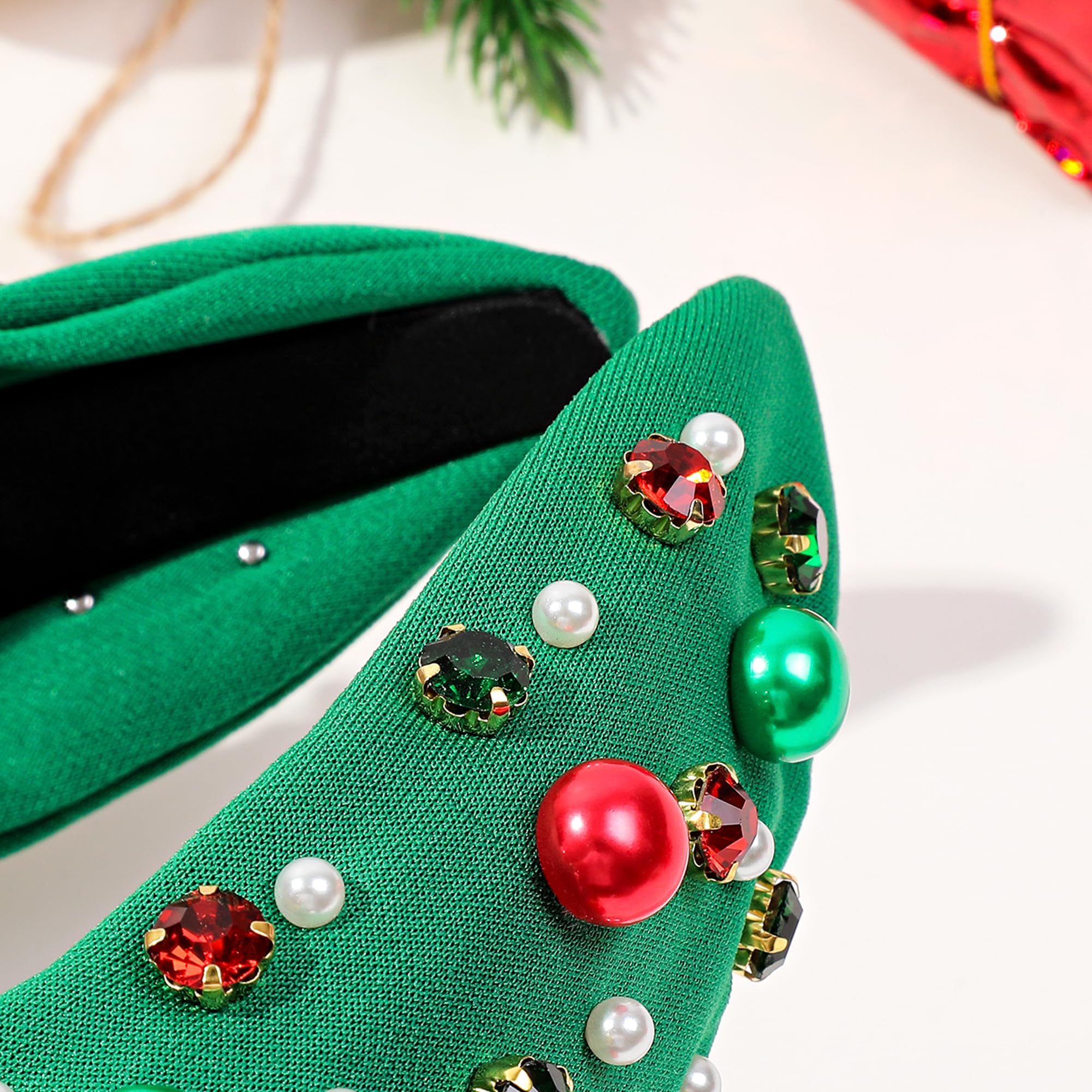 Elegant Christmas Headbands for Women & Girls - Green Jeweled Pearl Sparkly Headband Hair Accessories | Perfect for Holiday Parties, Festive Gatherings & Christmas Photos
