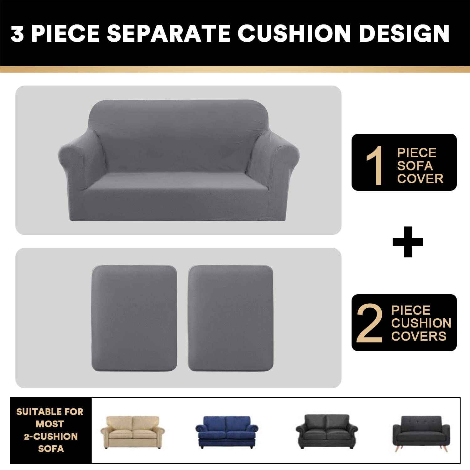 PrinceDeco 3-Piece Stretch Sofa Cover Set for 2-Cushion Couch & Loveseat - Soft Furniture Protector Slipcover (Medium, Grey) - Perfect for Living Room, Home Decor & Pet Protection