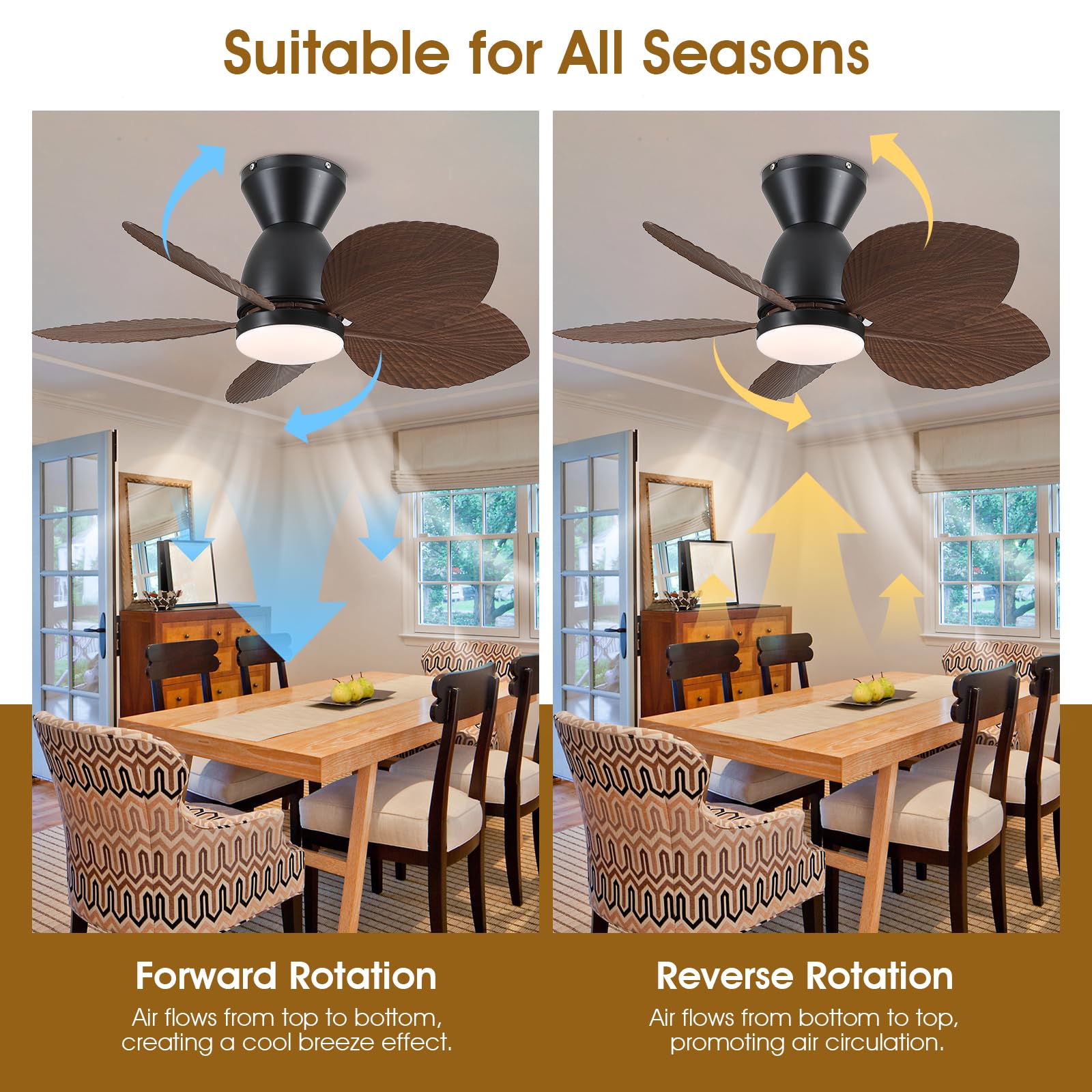 30 Inch Low Profile Ceiling Fan with Lights - Remote & APP Control Flush Mount Tropical Palm Leaf Design - Small Outdoor Ceiling Fan for Patio, Porch, Bedroom & Living Room - Energy Efficient & Quiet - Brown