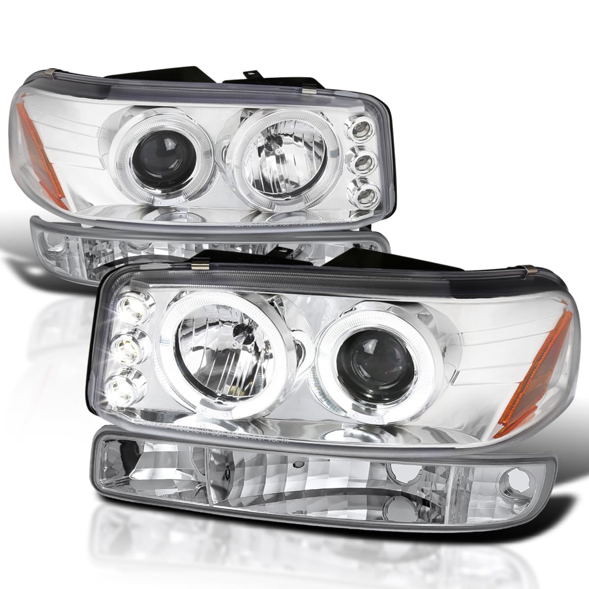 Spec-D Tuning Chrome LED Halo Projector Headlights with Bumper Lights - Compatible with 1999-2006 GMC Sierra 1500/2500/3500 - Left & Right Headlamp Assembly - Upgrade for Night Driving & Off-Road Adventures