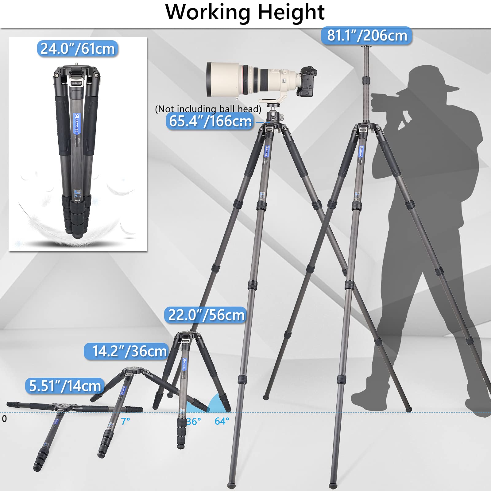 10 Layers 40mm Carbon Fiber Tripod with External Center Column - Ultra Stable Professional Heavy Duty Carbon Bowl Tripod for DSLR Cameras - CNC Cellphone Clip & Aluminum Magic Arm Kit - Max Load 88 Lbs/40kg - Perfect for Outdoor Photography, Studio Shoots, and Travel Videography