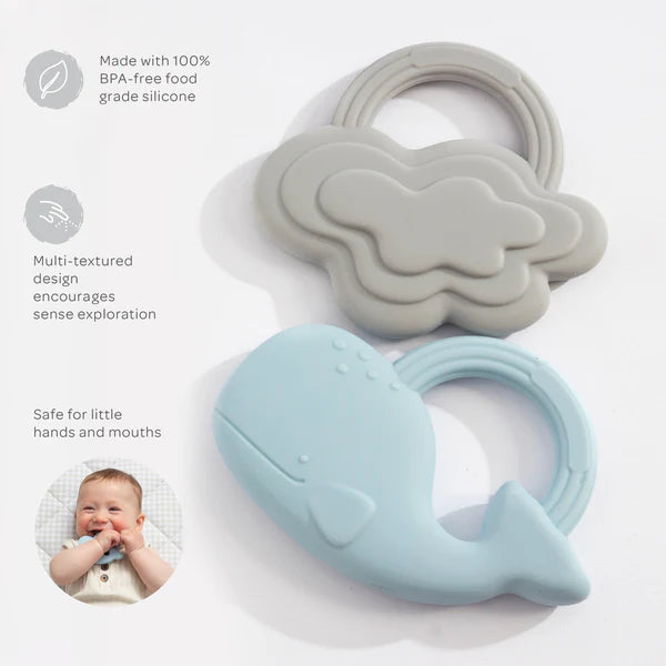 2 Pack Silicone Teether for Babies - Soft Chewable Cloud & Whale Design - Perfect for Soothing Teething Pain & Gum Relief - Ideal for Home, Travel & Daycare Use