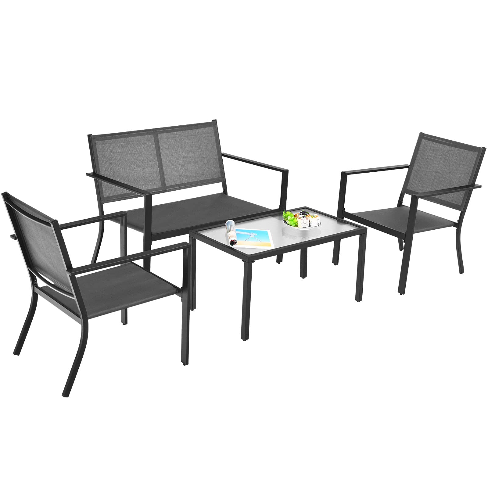 Tangkula 4-Piece Outdoor Patio Furniture Set - Grey Wicker Sectional Sofa with Glass Coffee Table - Weather-Resistant Garden Conversation Set for Backyard, Porch, Balcony & Poolside Relaxation