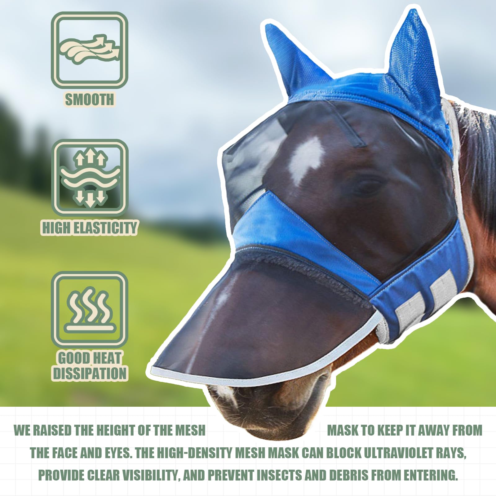 Premium Horse Fly Mask with Nose Cover & Ears Protection - Soft Mesh Fabric with Purple Trim for Summer - Blue Size L | Ideal for Pasture, Riding & Show Protection