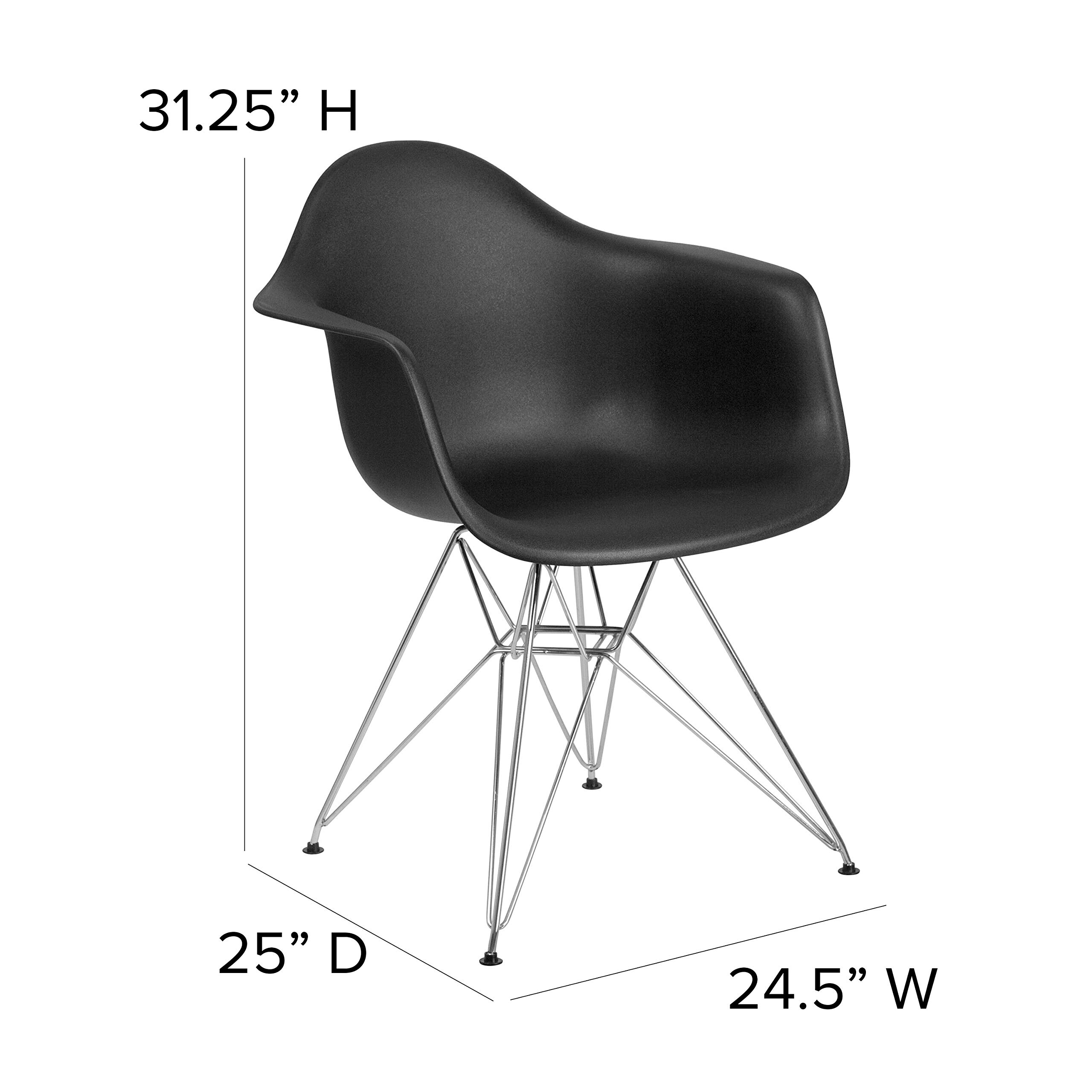 2 Pack Black Plastic Arm Chairs with Chrome Base - Modern Accent & Side Chairs for Dining Room, Kitchen, Office or Outdoor Patio