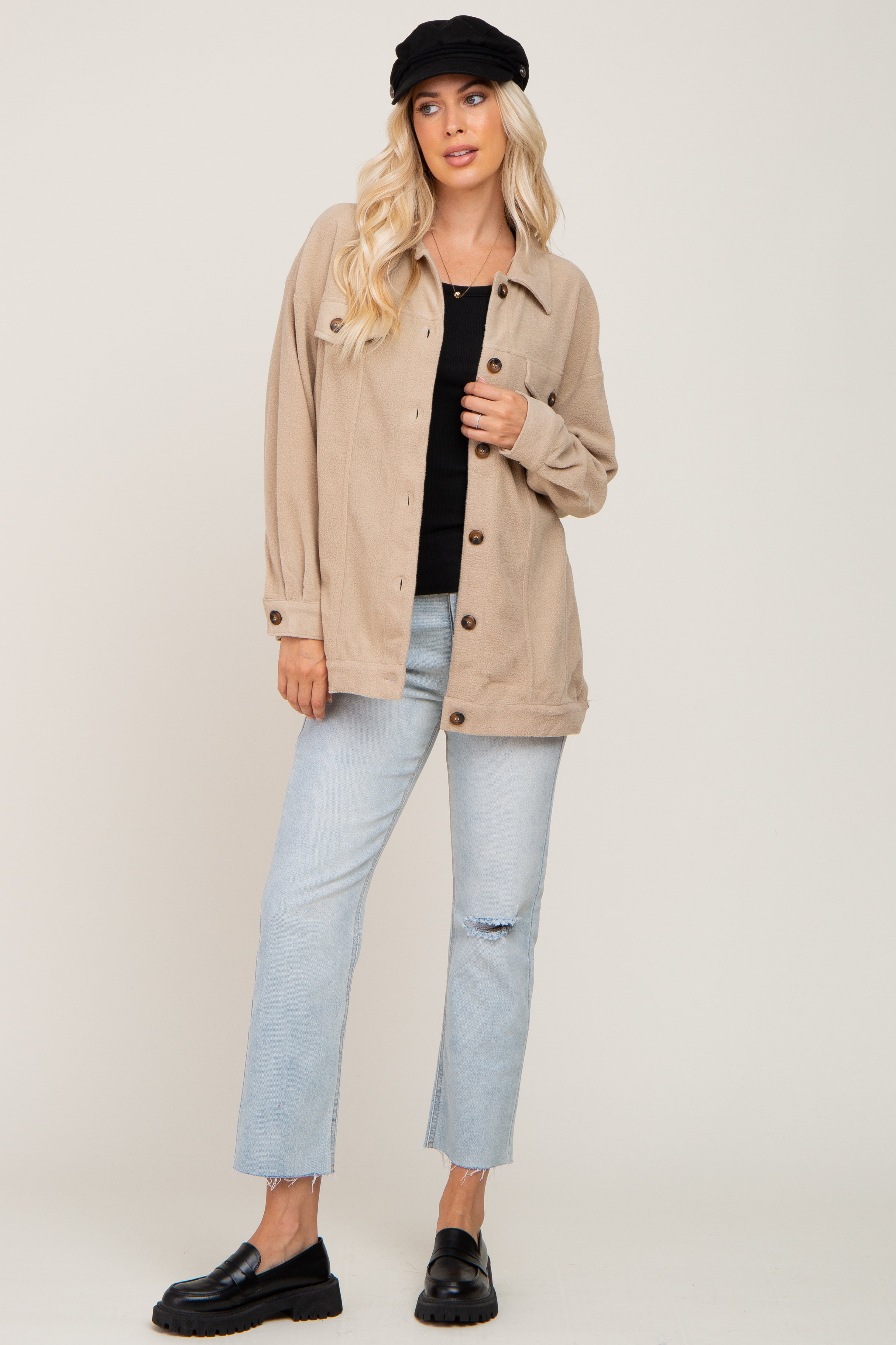 Cozy Beige Fleece Shirt Jacket for Women & Men - Soft Warm Pullover with Pockets - Perfect for Fall, Winter & Outdoor Activities