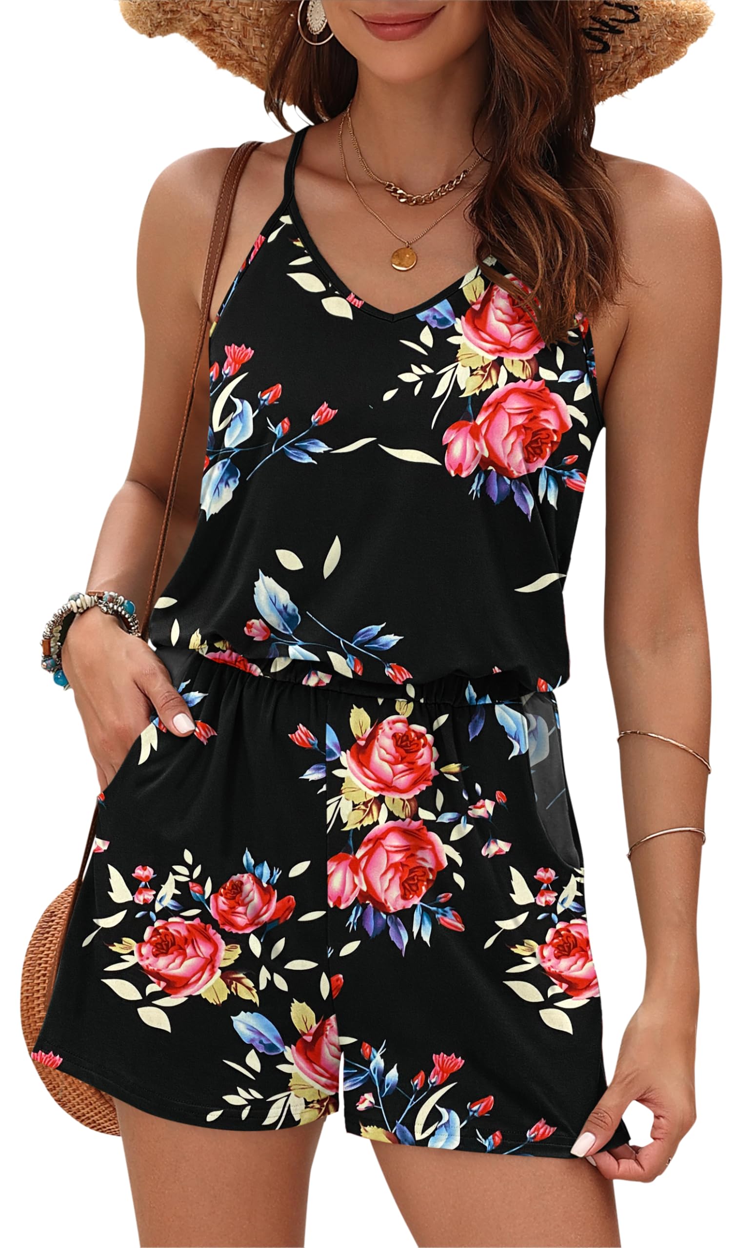 MISFAY Women's Summer Loose V-Neck Spaghetti Strap Short Jumpsuit Romper - Casual Beachwear, Vacation Outfit, Party Dress for Women