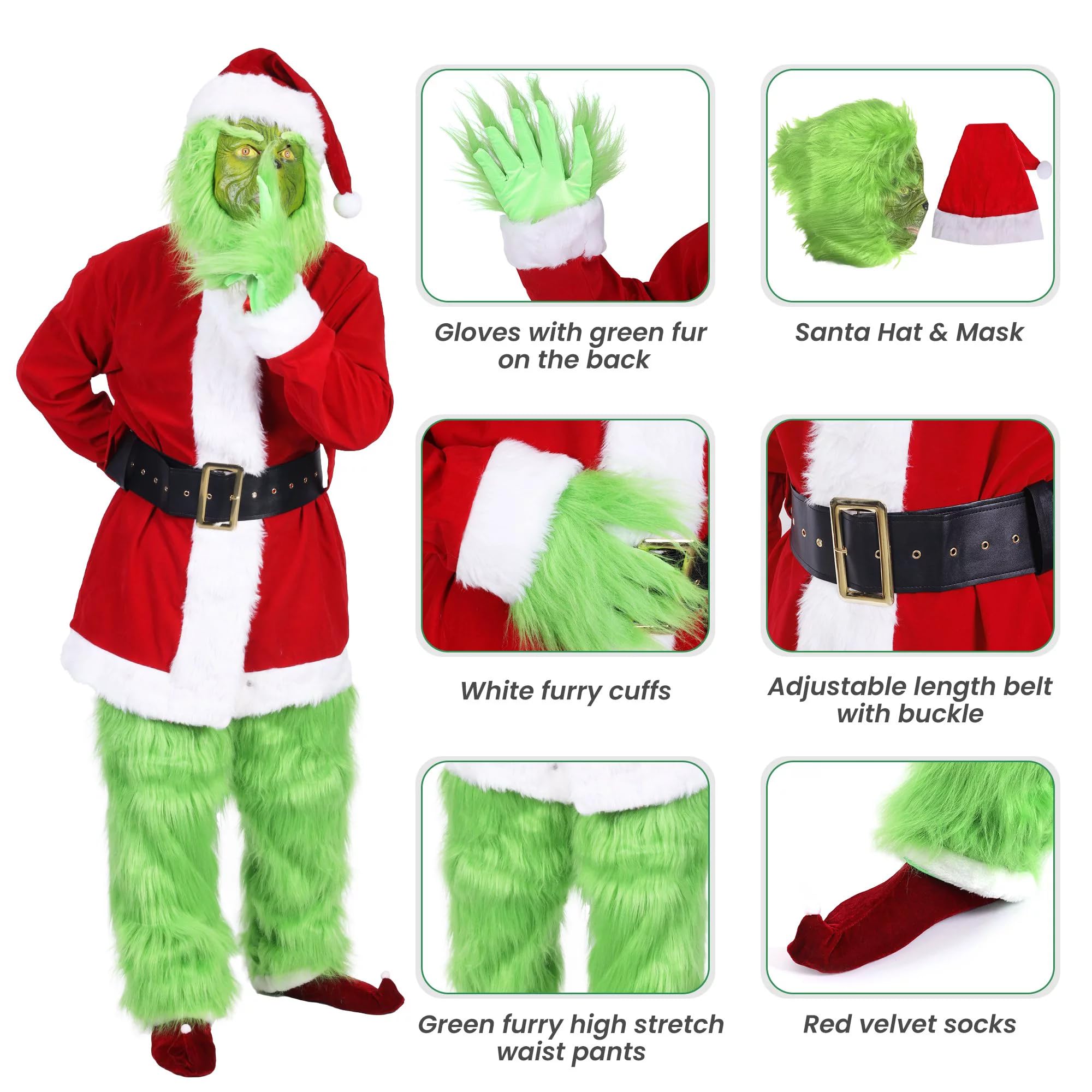 Deluxe 7-Piece Green Christmas Monster Santa Costume Set with Mask - Funny Adult Cosplay Outfit for Halloween, Christmas Parties & Themed Events