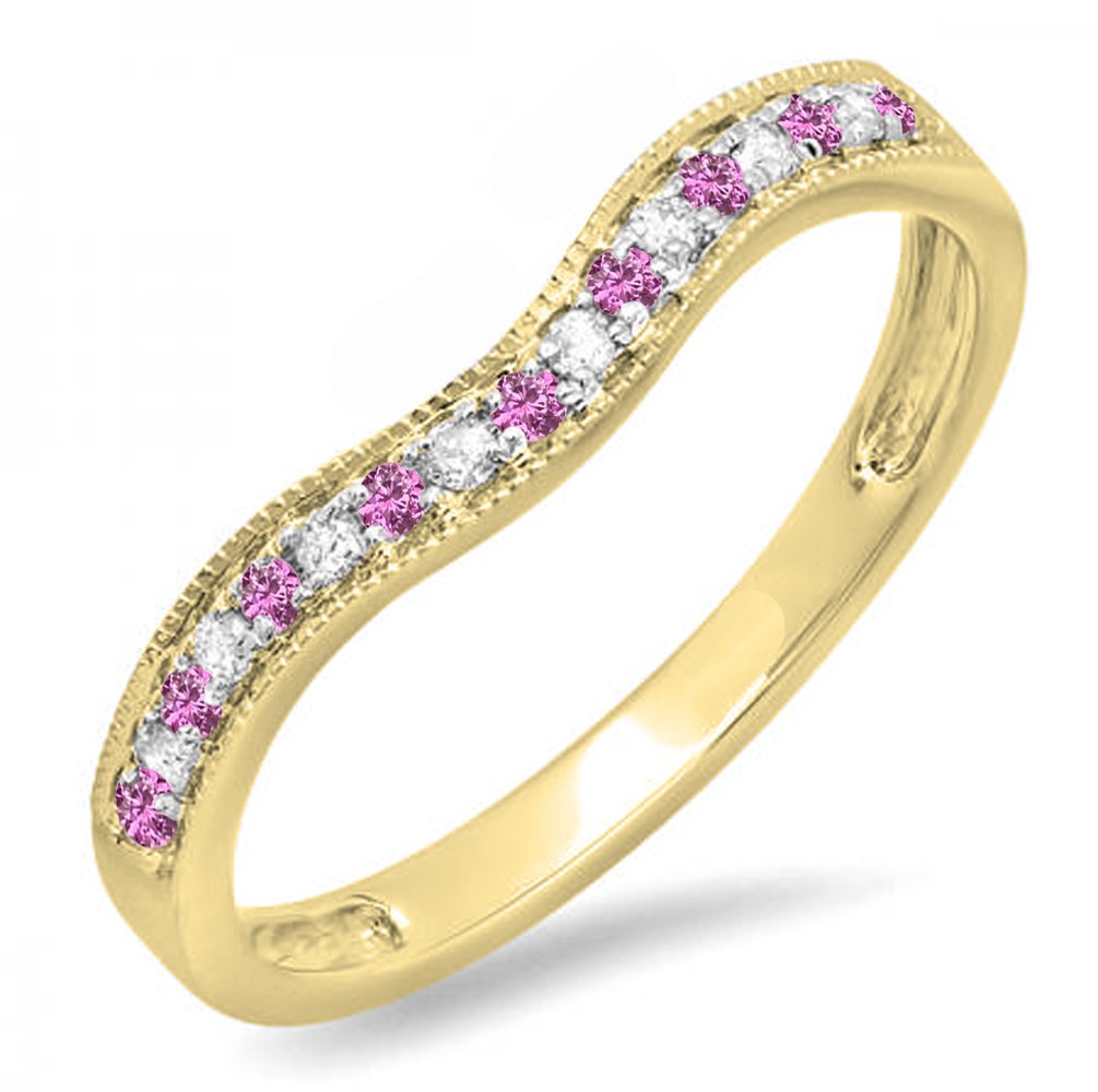 14K Solid Gold Pink Sapphire & White Diamond Women's Anniversary Wedding Band Guard Ring - Elegant Stackable Ring for Bridal, Engagement, Promise, or Gift Giving