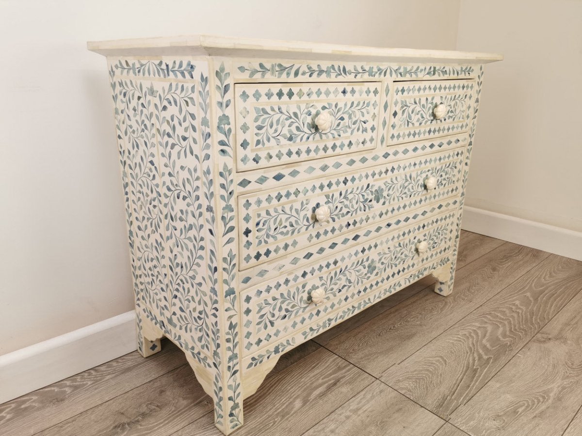 Handmade Bone Inlay Dresser with Floral White & Blue Design - 4 Drawer Storage Chest for Bedroom, Living Room, or Entryway Organization